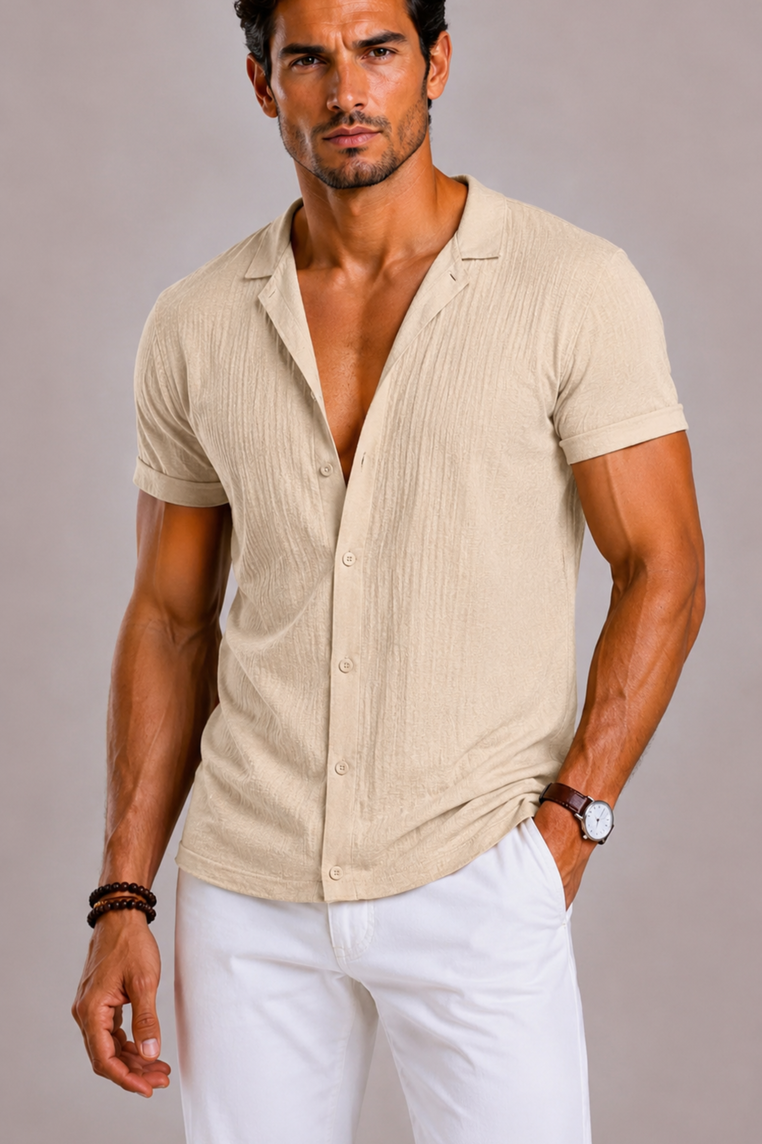 Camicia Uomo in Lino a Coste con Chiusura a Bottoni | Bella di Roma