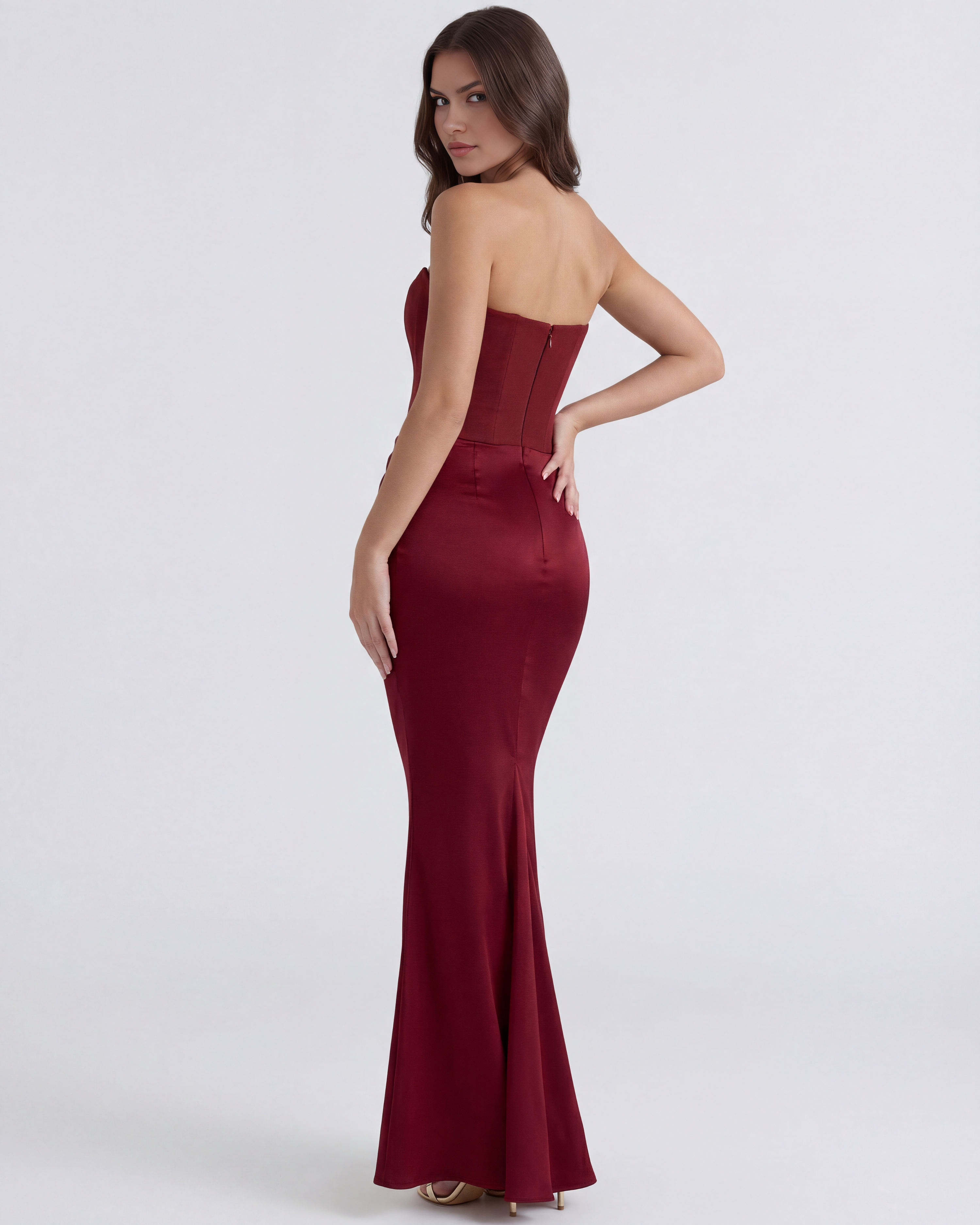 Abito maxi Rosalind corsetto borgogna Bella di Roma – zip retro