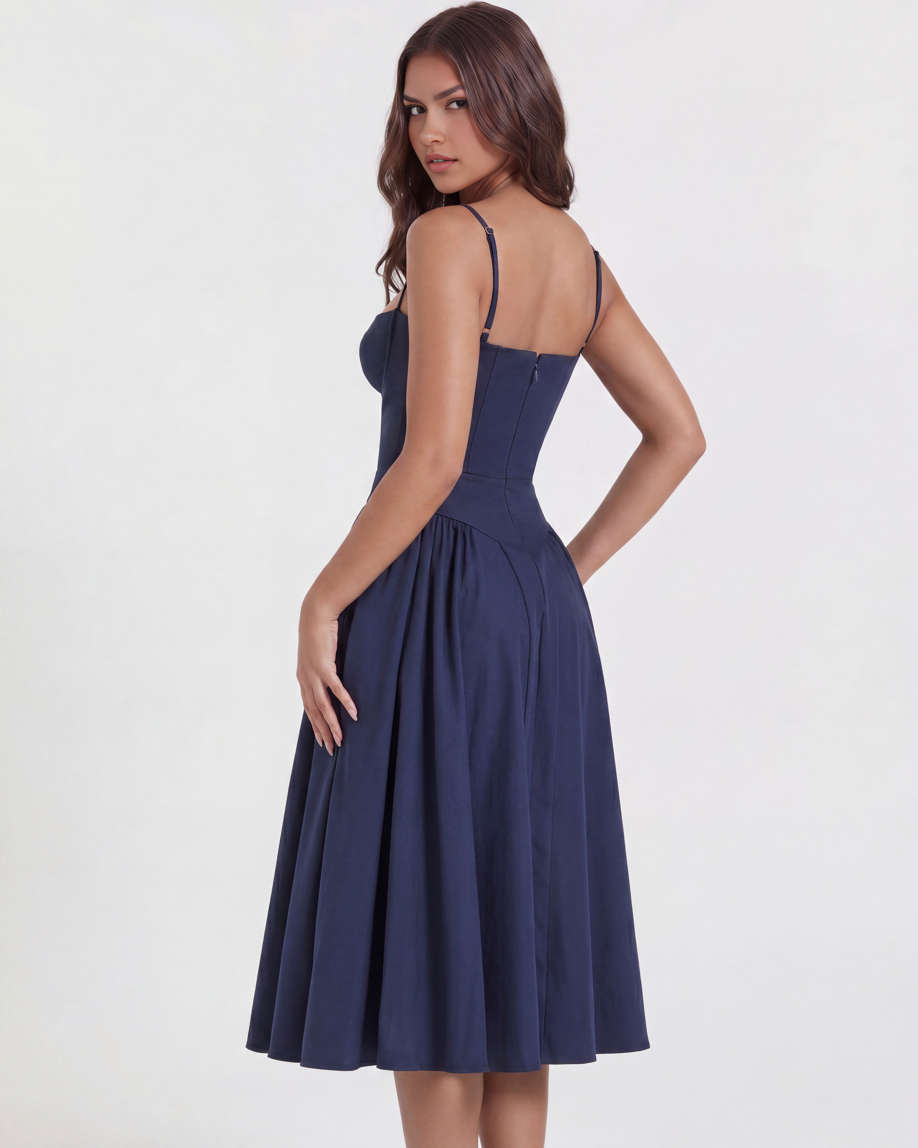 Abito midi Francesca twill blu navy Bella di Roma – lunghezza 119 cm