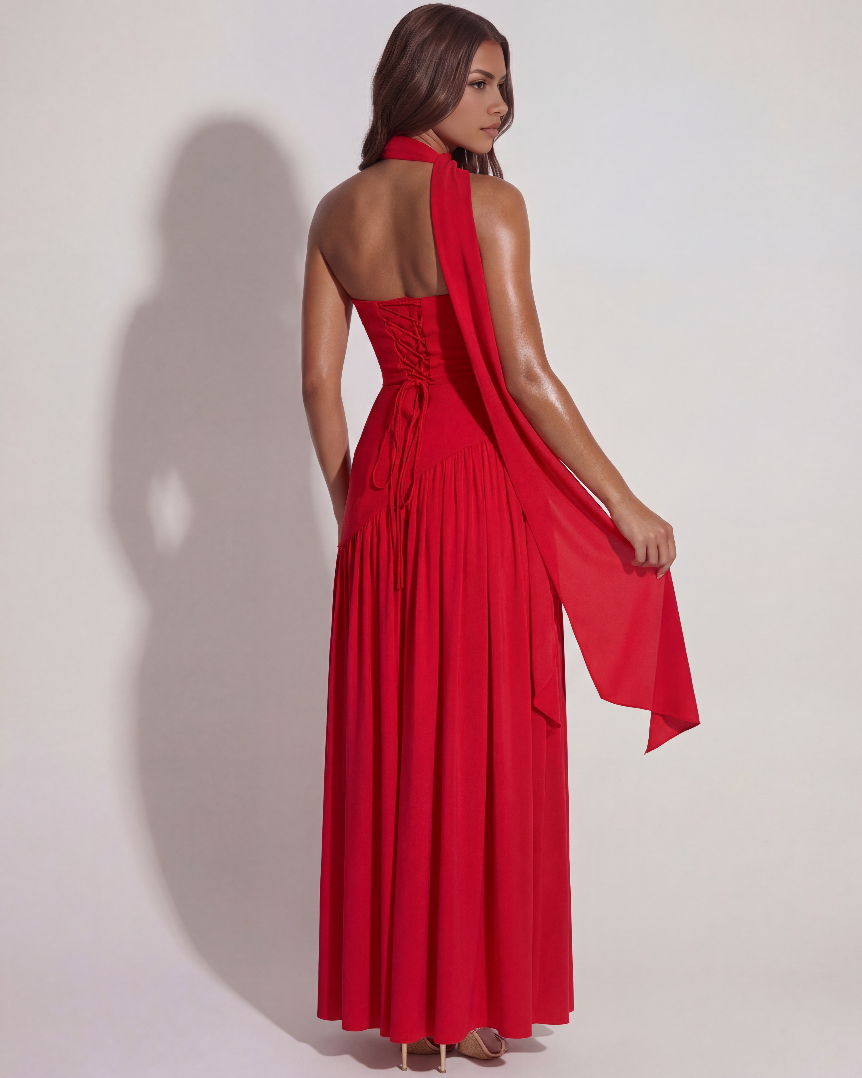 Abito maxi Serena rosso Bella di Roma – foulard incluso