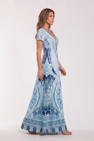 Abito Maxi con Stampa Etnica Mandala in Blu – vista laterale | Bella di Roma