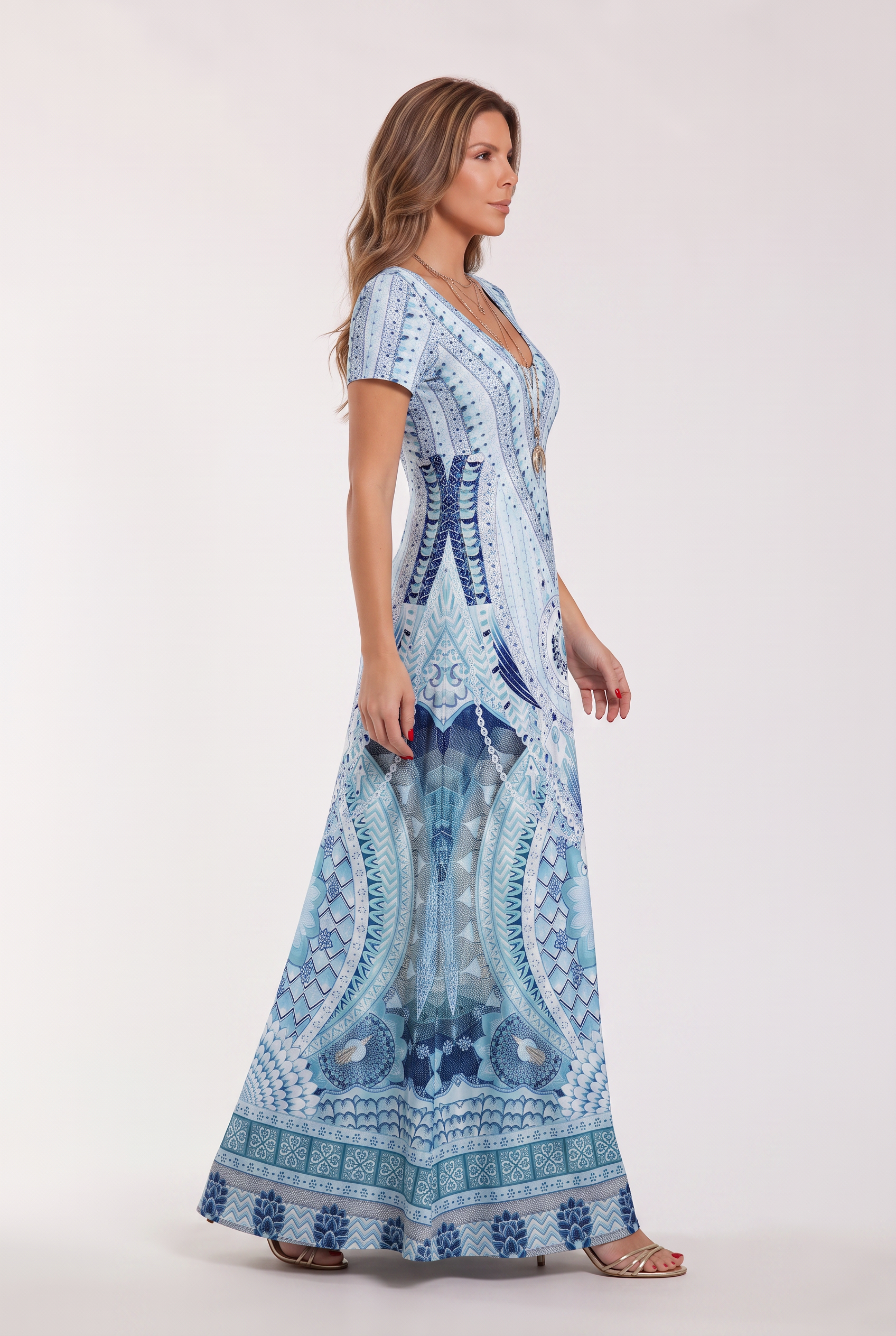 Abito Maxi con Stampa Etnica Mandala in Blu – vista laterale | Bella di Roma
