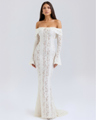 Abito maxi Alessandra bianco pizzo off-shoulder Bella di Roma – vista frontale