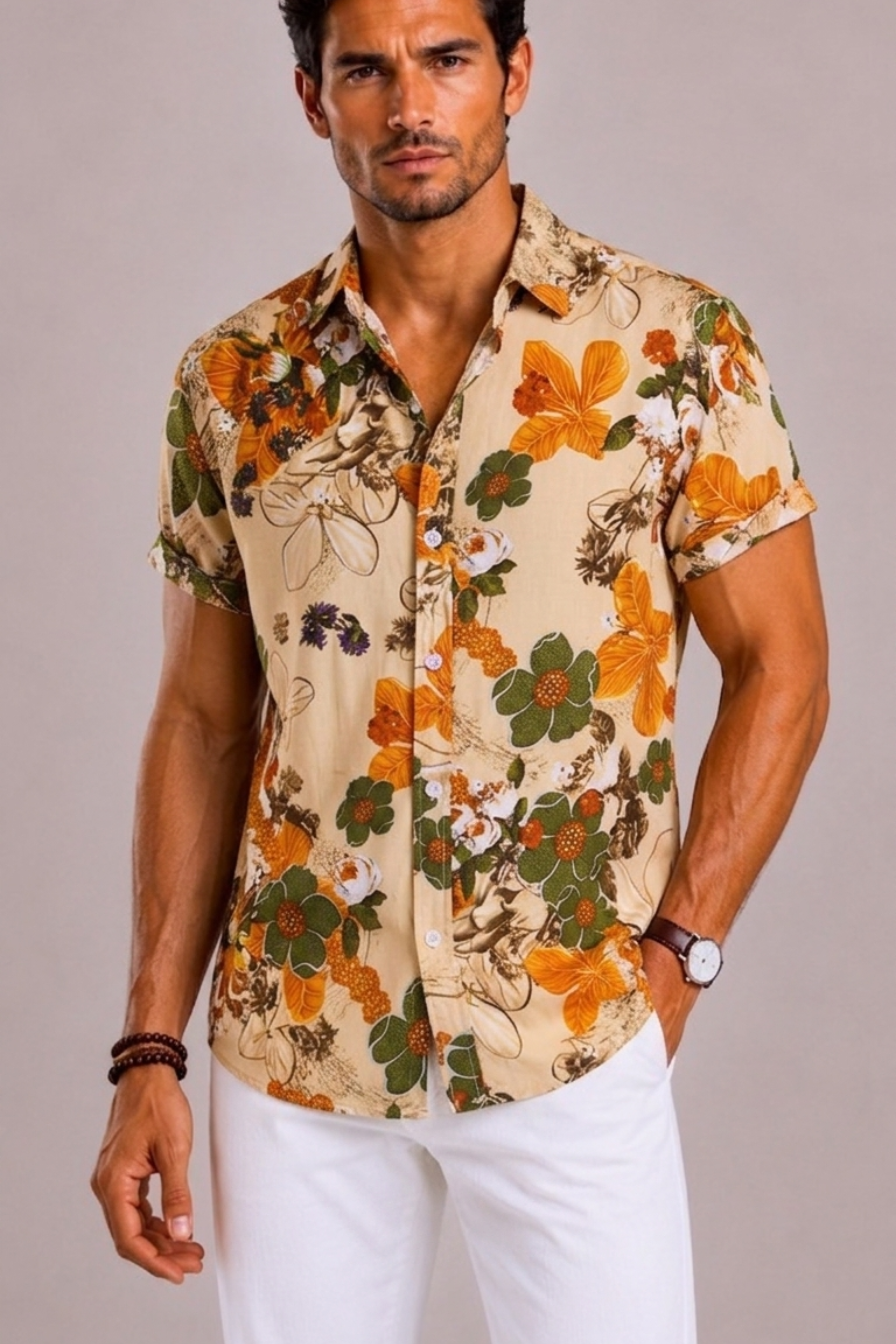 Camicia Uomo con Stampa Floreale Tropicale a Maniche Corte | Bella di Roma