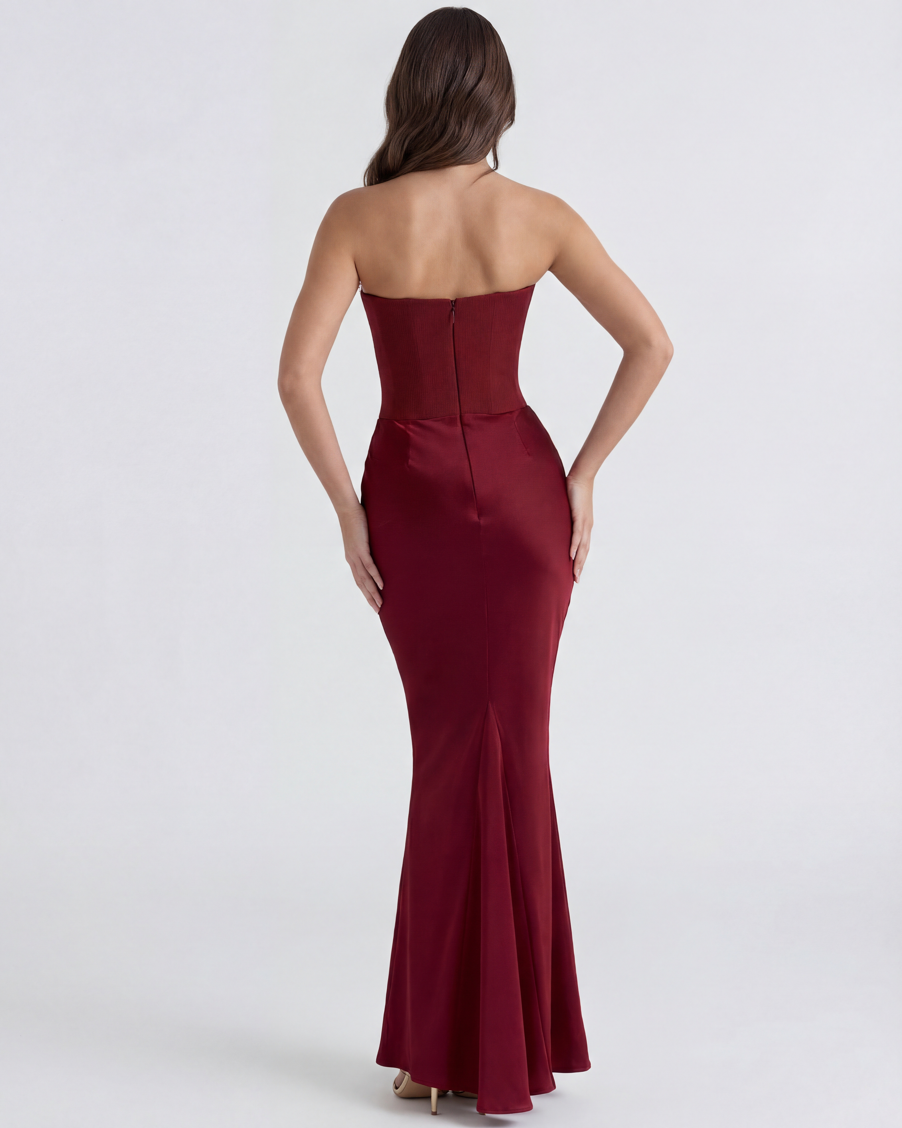 Abito maxi Rosalind corsetto borgogna Bella di Roma – crepe elasticizzato