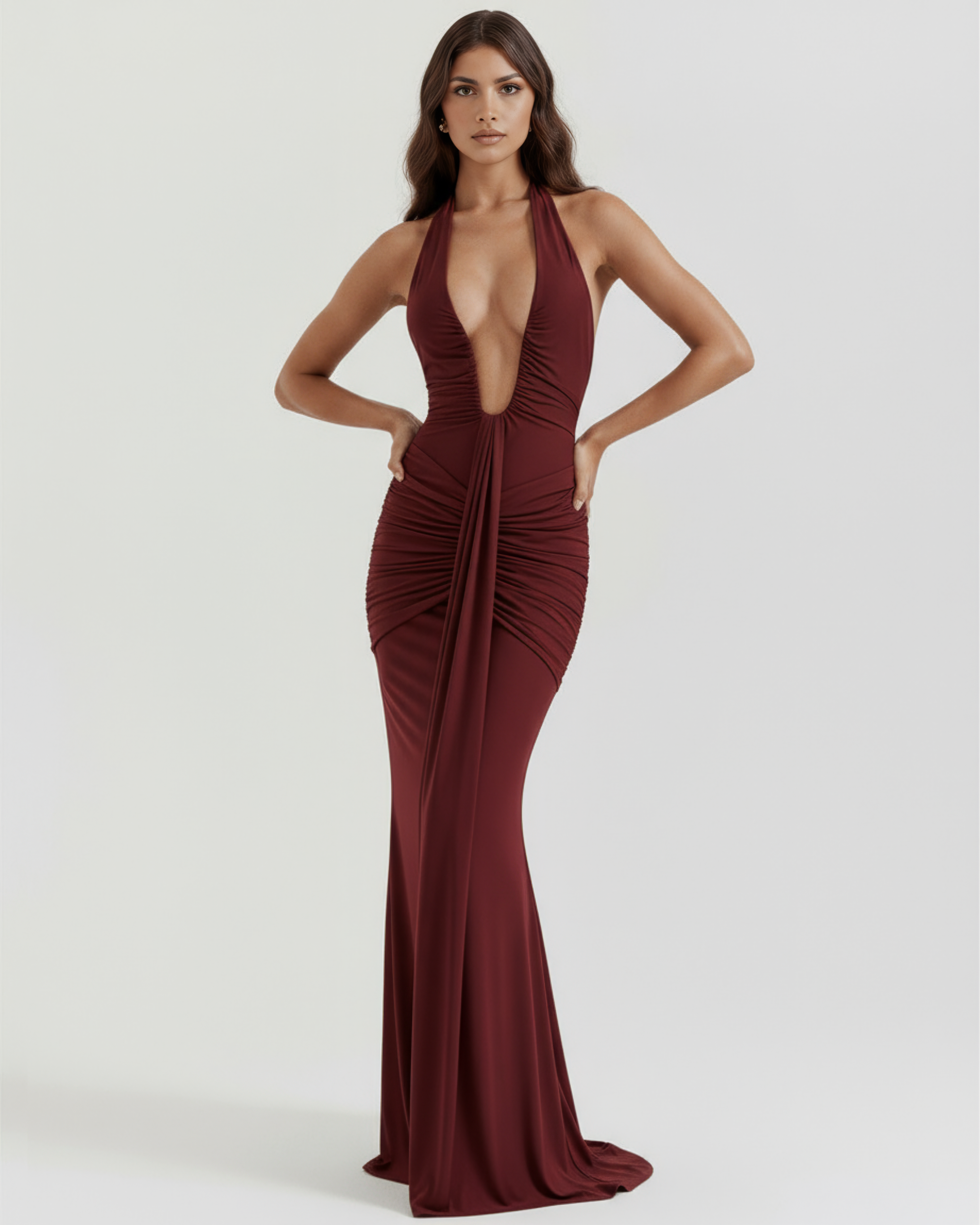 Abito maxi Ariel bordeaux Bella di Roma – vista laterale