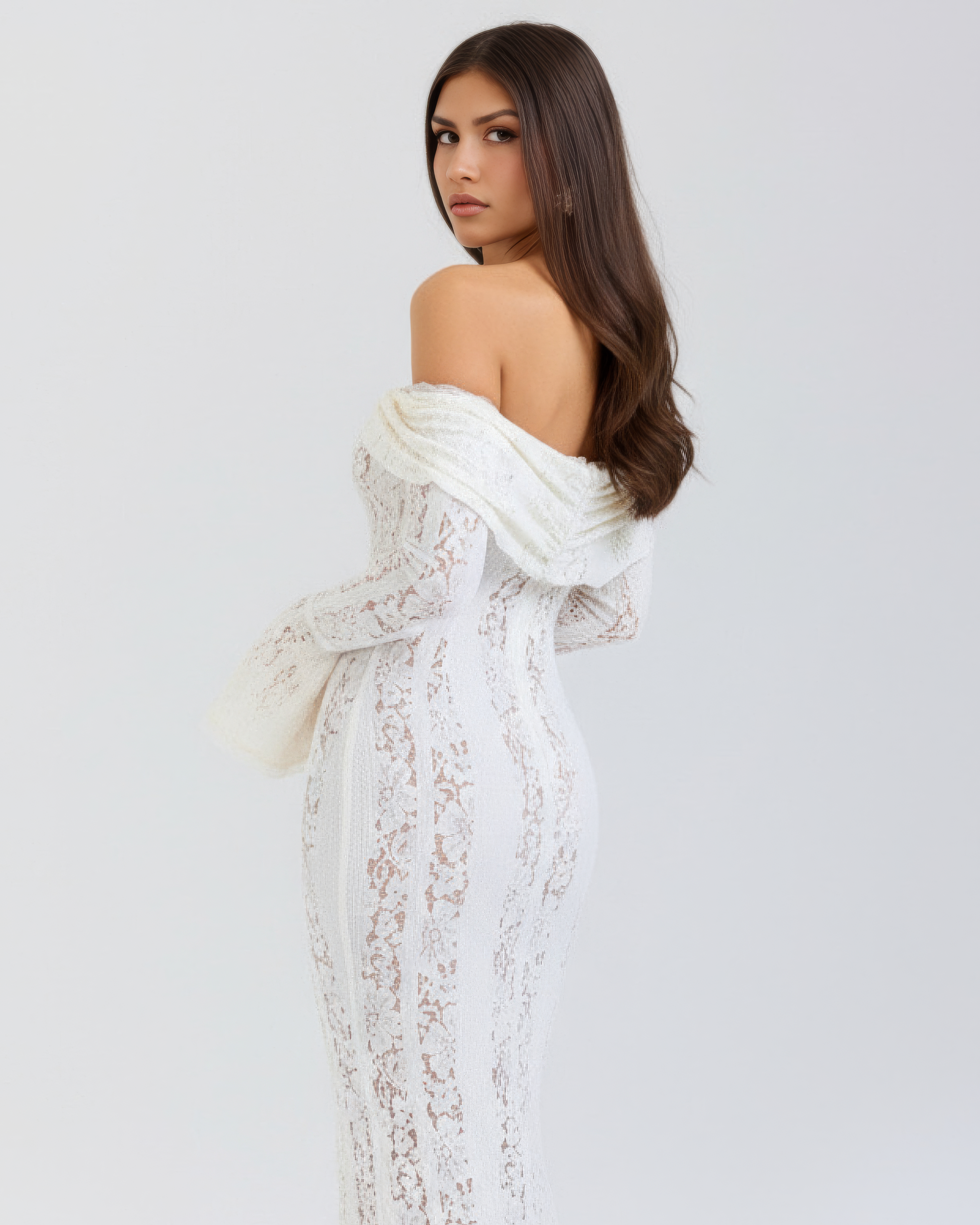 Abito maxi Alessandra bianco pizzo off-shoulder Bella di Roma – gonna godet