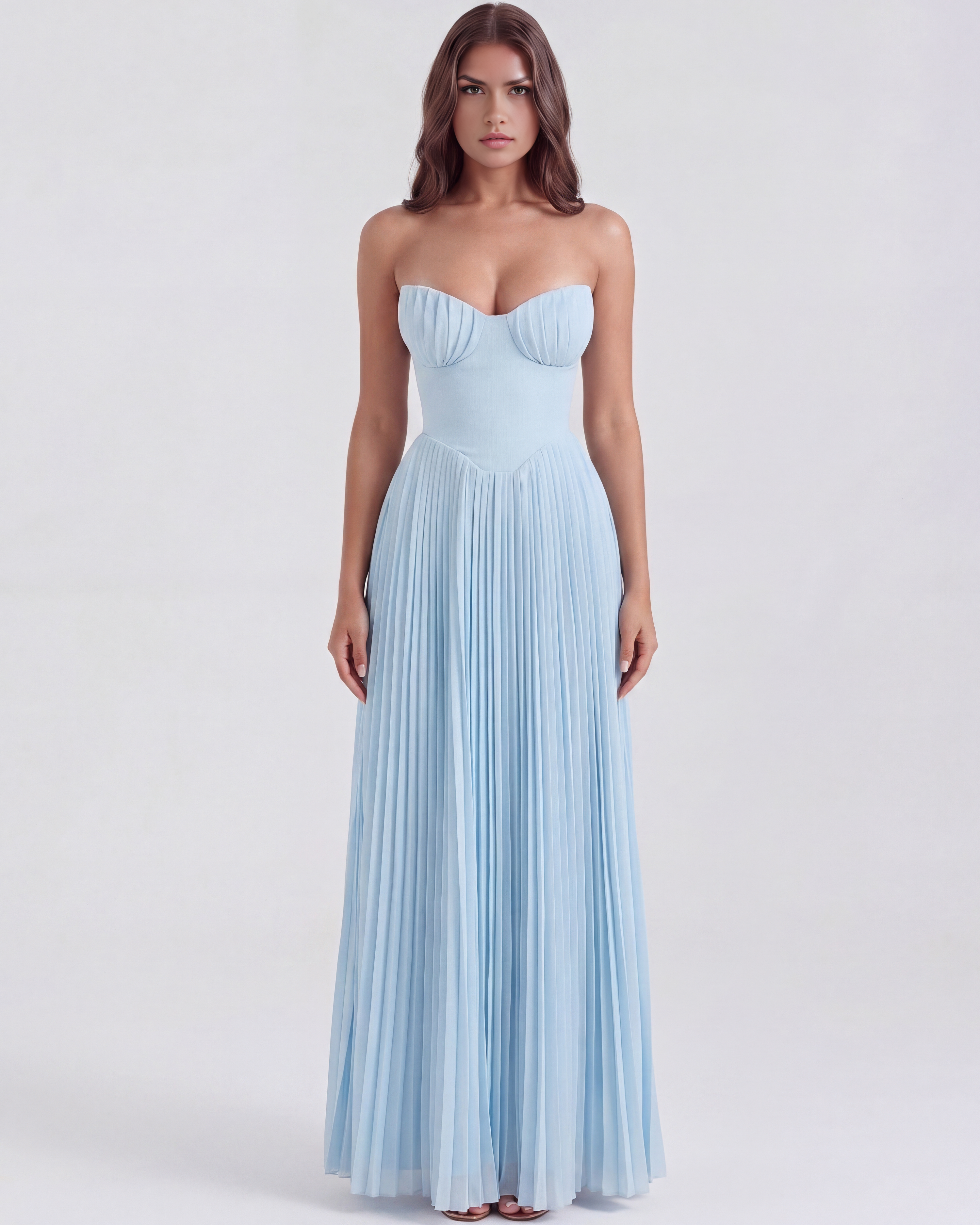 Abito maxi Siena azzurro baby georgette Bella di Roma – vista frontale