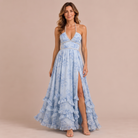 Elena – Vestito Maxi Floreale con Spallina e Perle – Azzurro Floreale | Bella di Roma