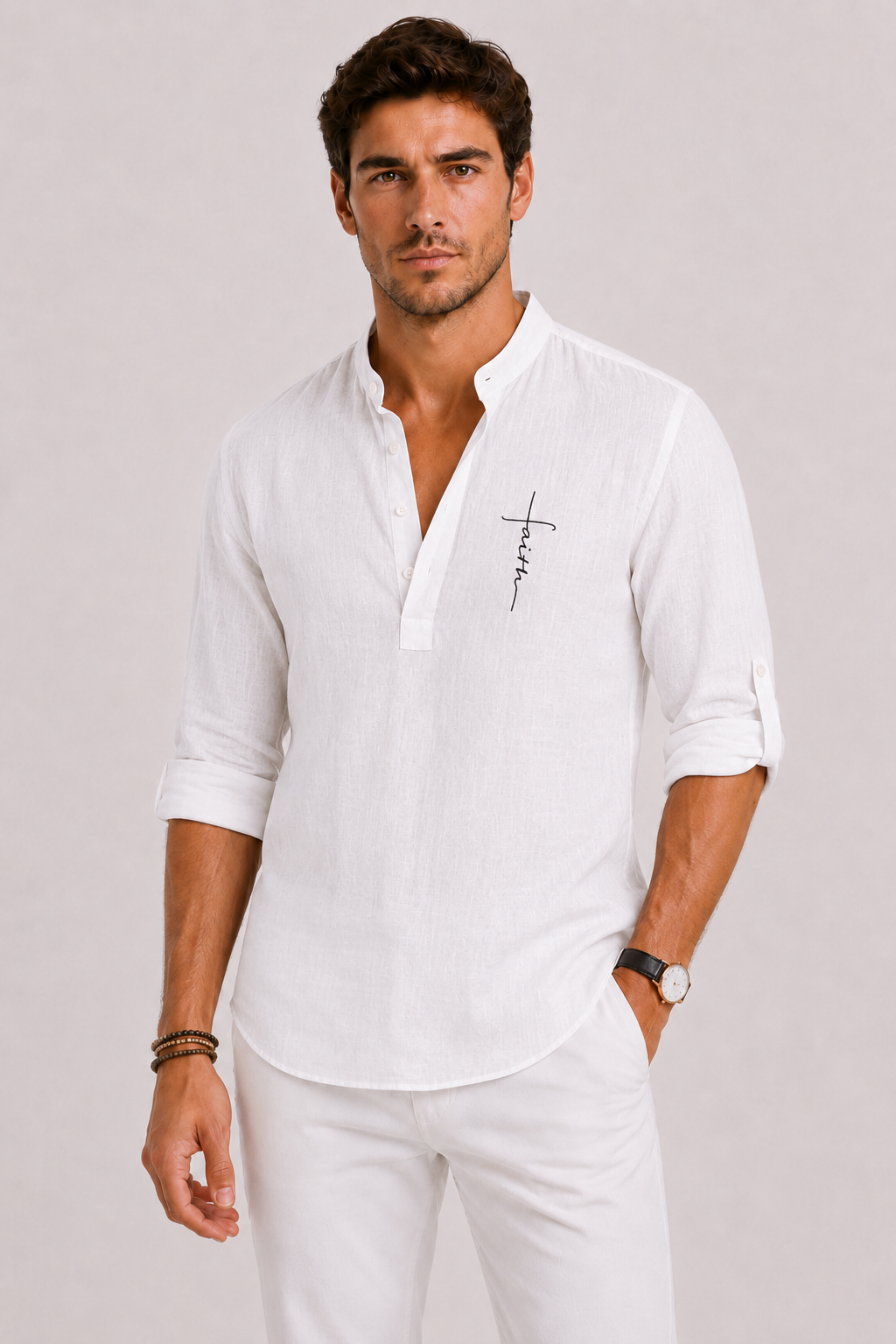 Camicia Uomo in Lino con Collo Henley | Bella di Roma