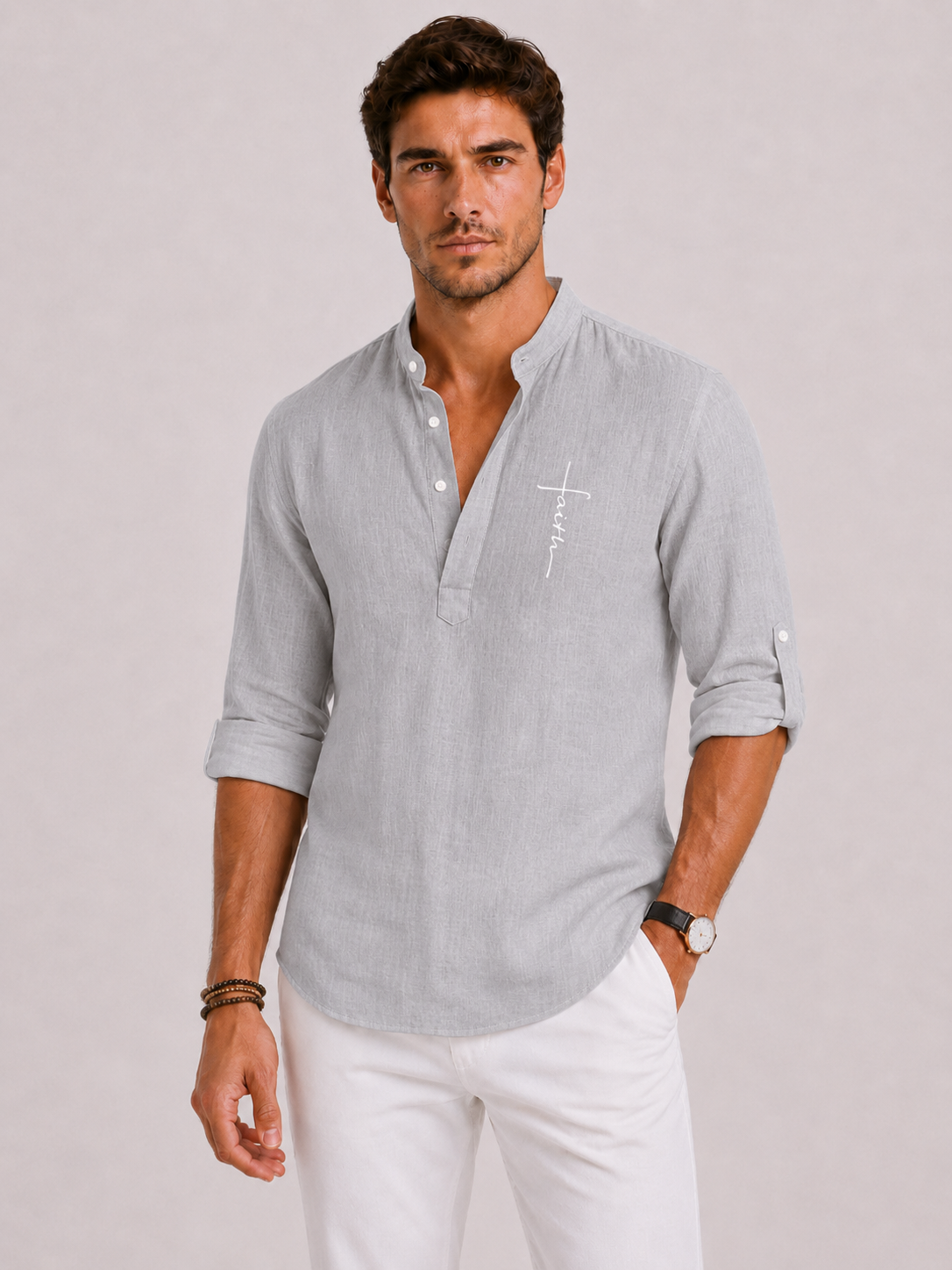 Camicia Uomo in Lino con Collo Henley | Bella di Roma