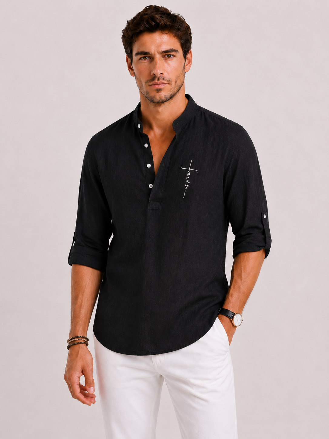 Camicia Uomo in Lino con Collo Henley | Bella di Roma