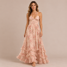 Elena – Vestito Maxi Floreale con Spallina e Perle – Rosa Cipria – Vista frontale | Bella di Roma