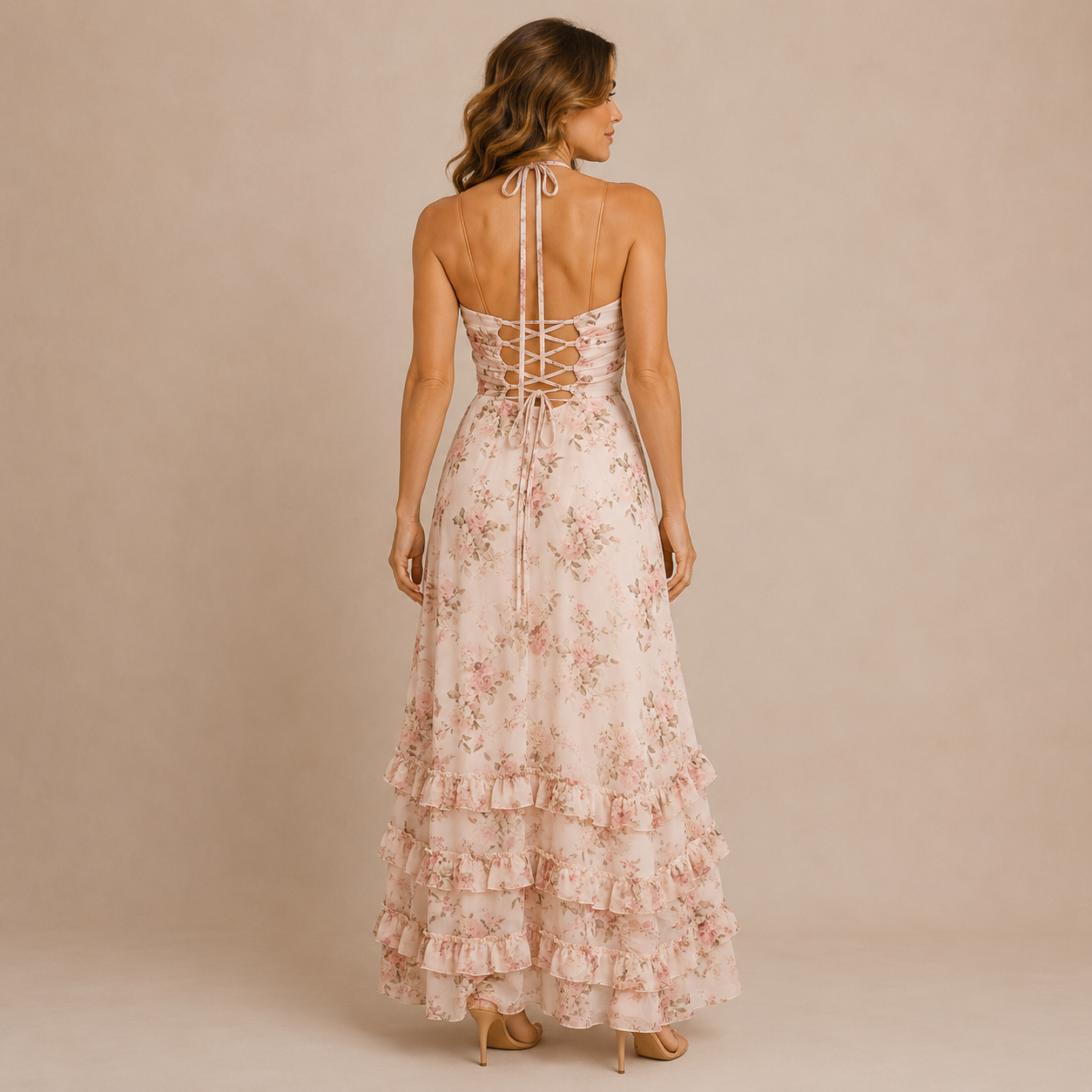 Elena – Vestito Maxi Floreale con Spallina e Perle – Rosa Cipria – Vista posteriore | Bella di Roma