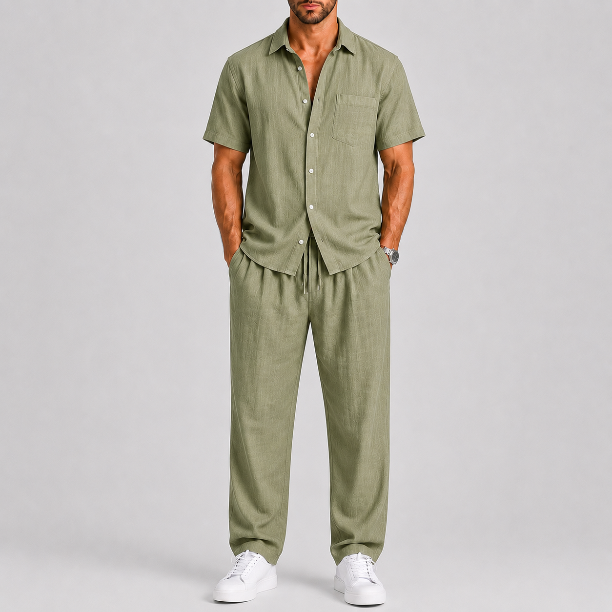Completo estivo uomo con camicia – dettaglio del colletto | Bella di Roma
