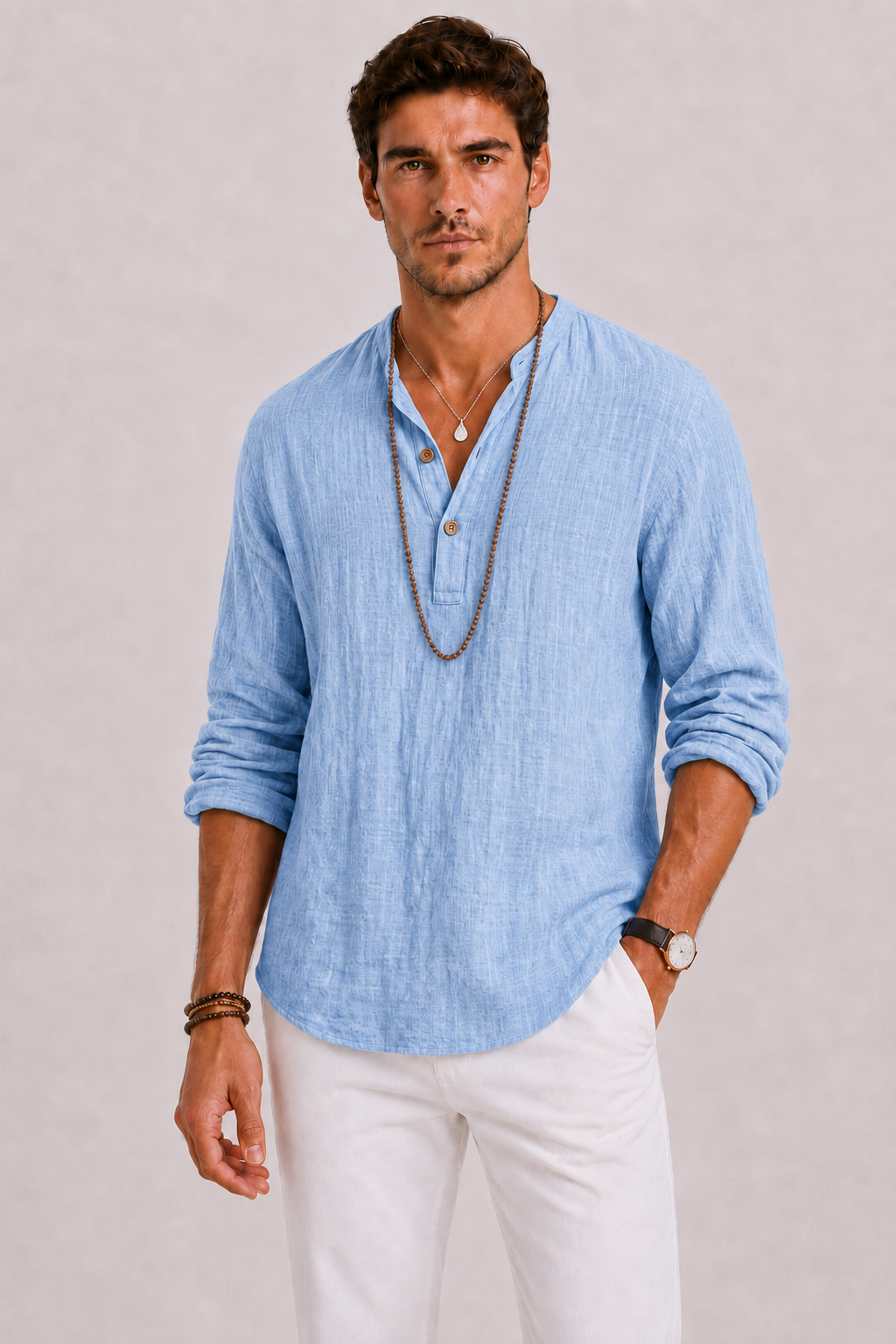 Camicia Uomo in Lino con Collo a V e Maniche Lunghe | Bella di Roma