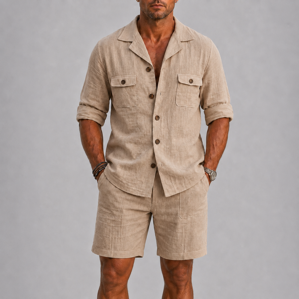 Set uomo in lino con pantaloni corti – look da vacanza | Bella di Roma
