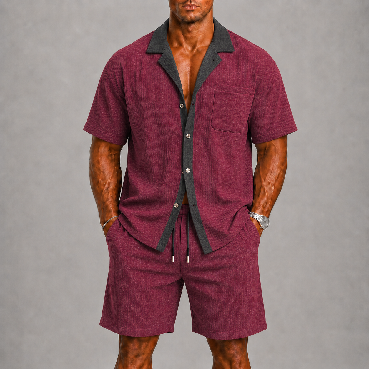 Set estivo uomo a nido d'ape con pantaloni corti – set coordinato | Bella di Roma