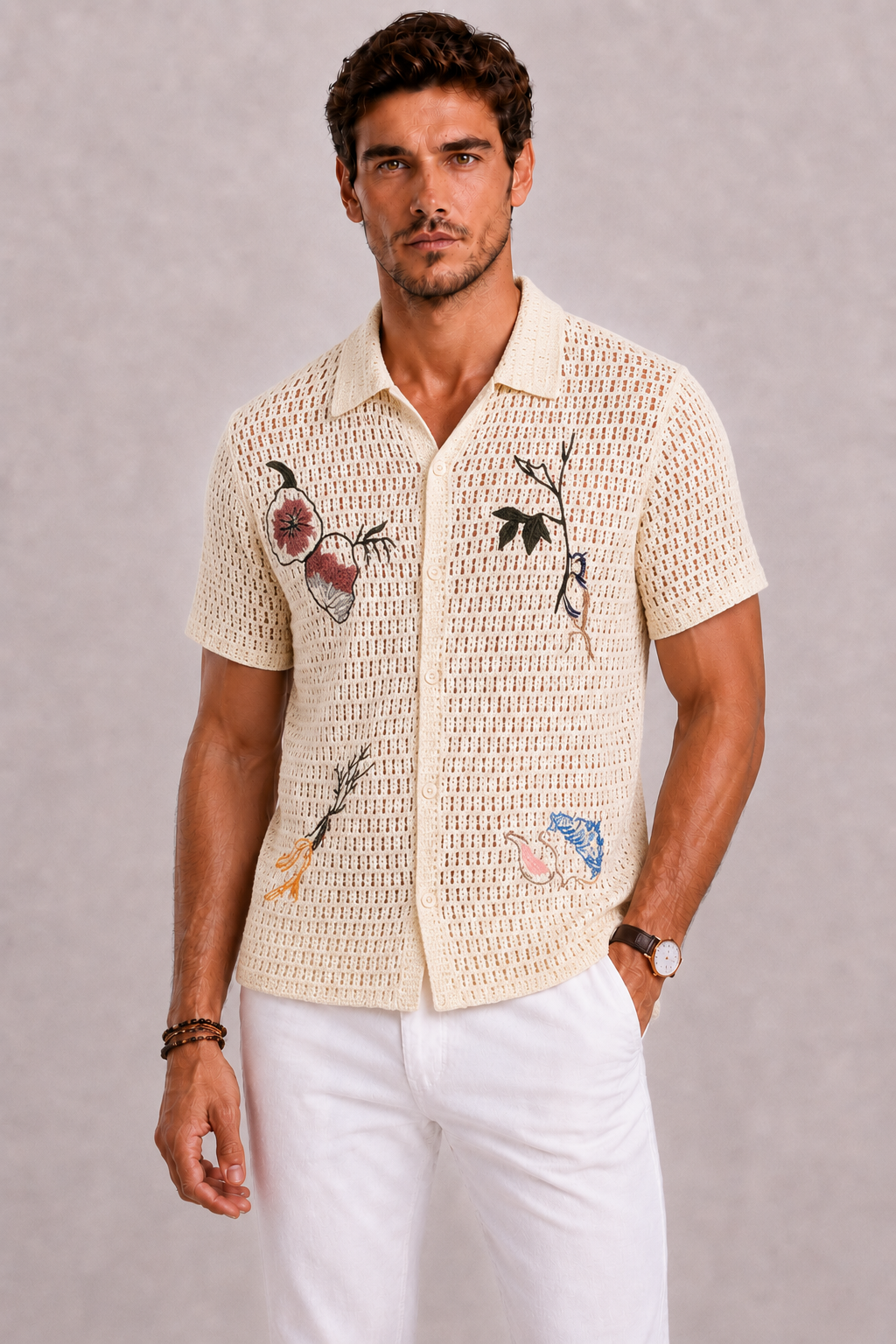 Polo da uomo all'uncinetto con ricamo botanico | Lunelle