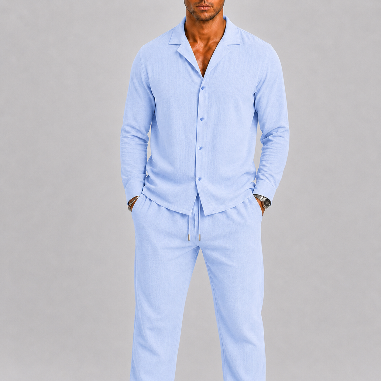 Set uomo in lino con collo cubano – set coordinato | Bella di Roma