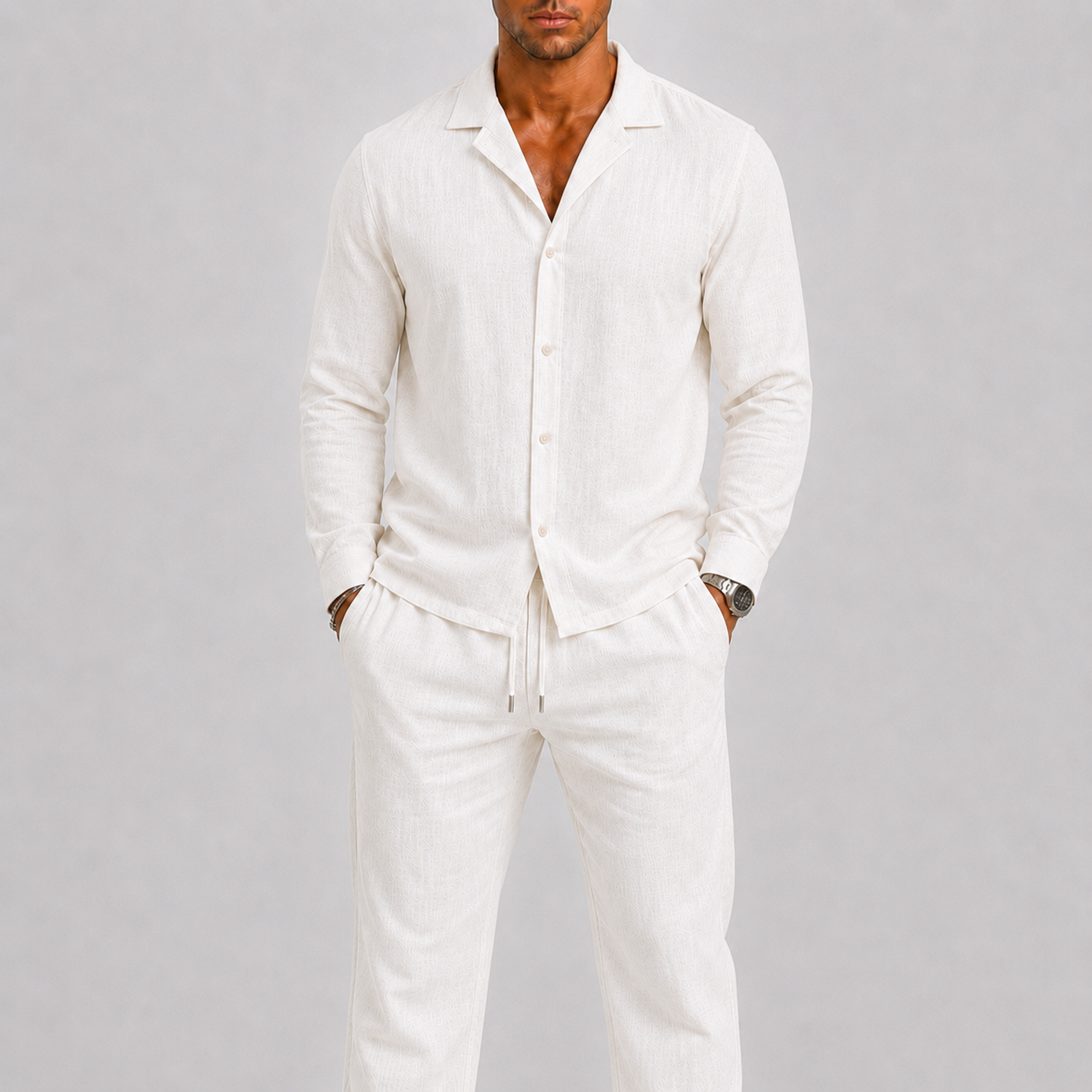 Set uomo in lino con collo cubano – look raffinato | Bella di Roma