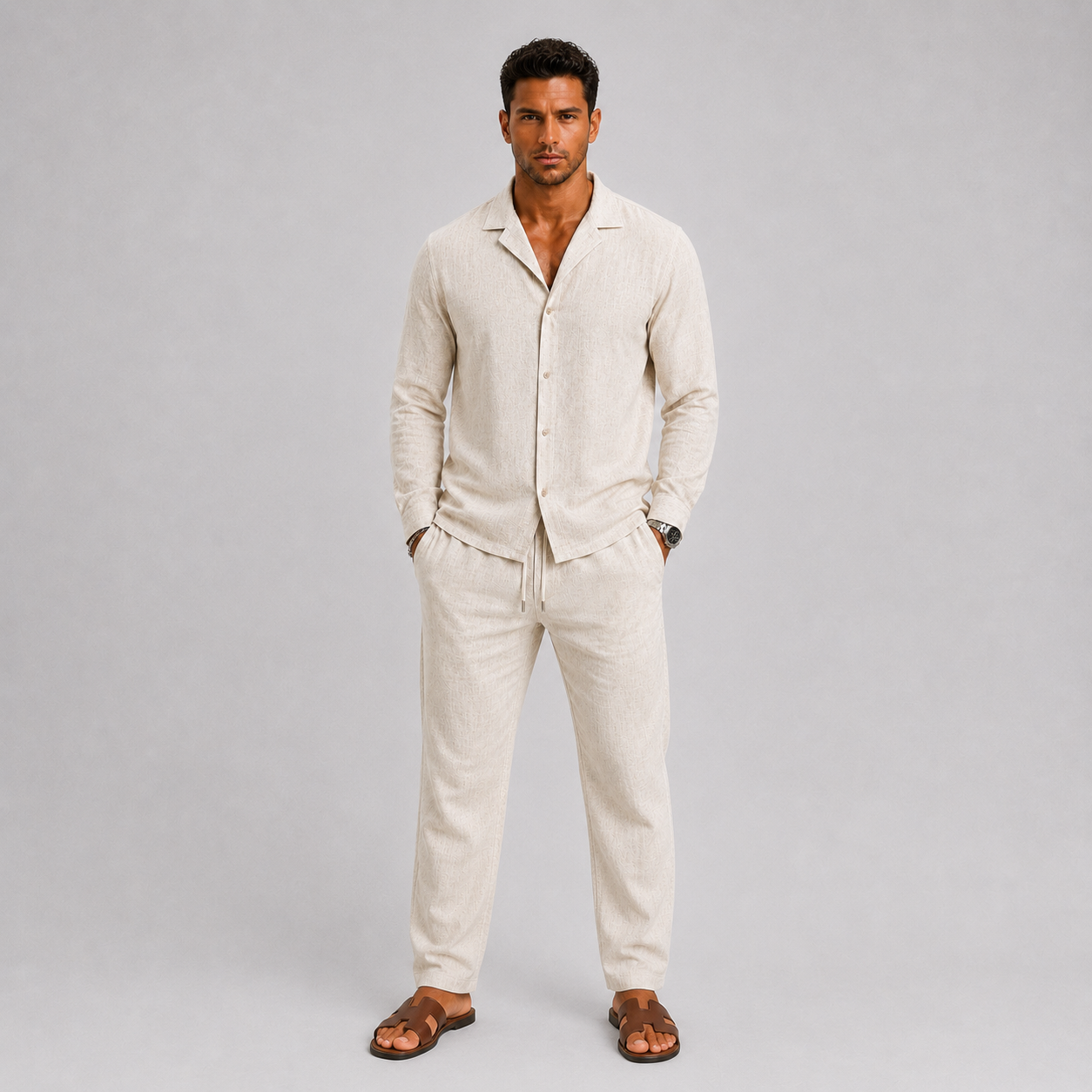 Set uomo in lino – dettaglio del collo cubano | Bella di Roma