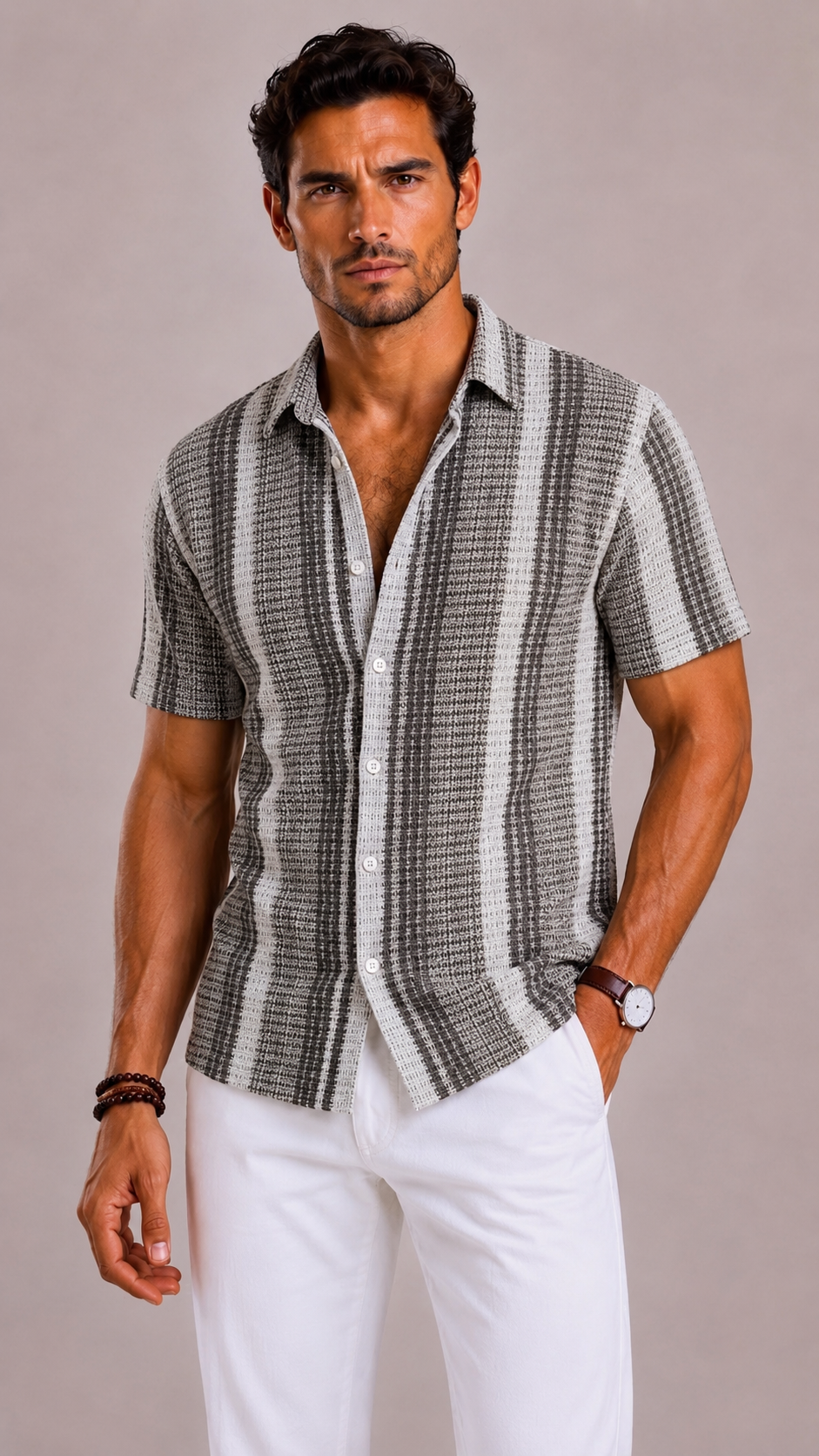 Camicia Uomo a Righe con Collo Ribaltato e Maniche Corte | Bella di Roma