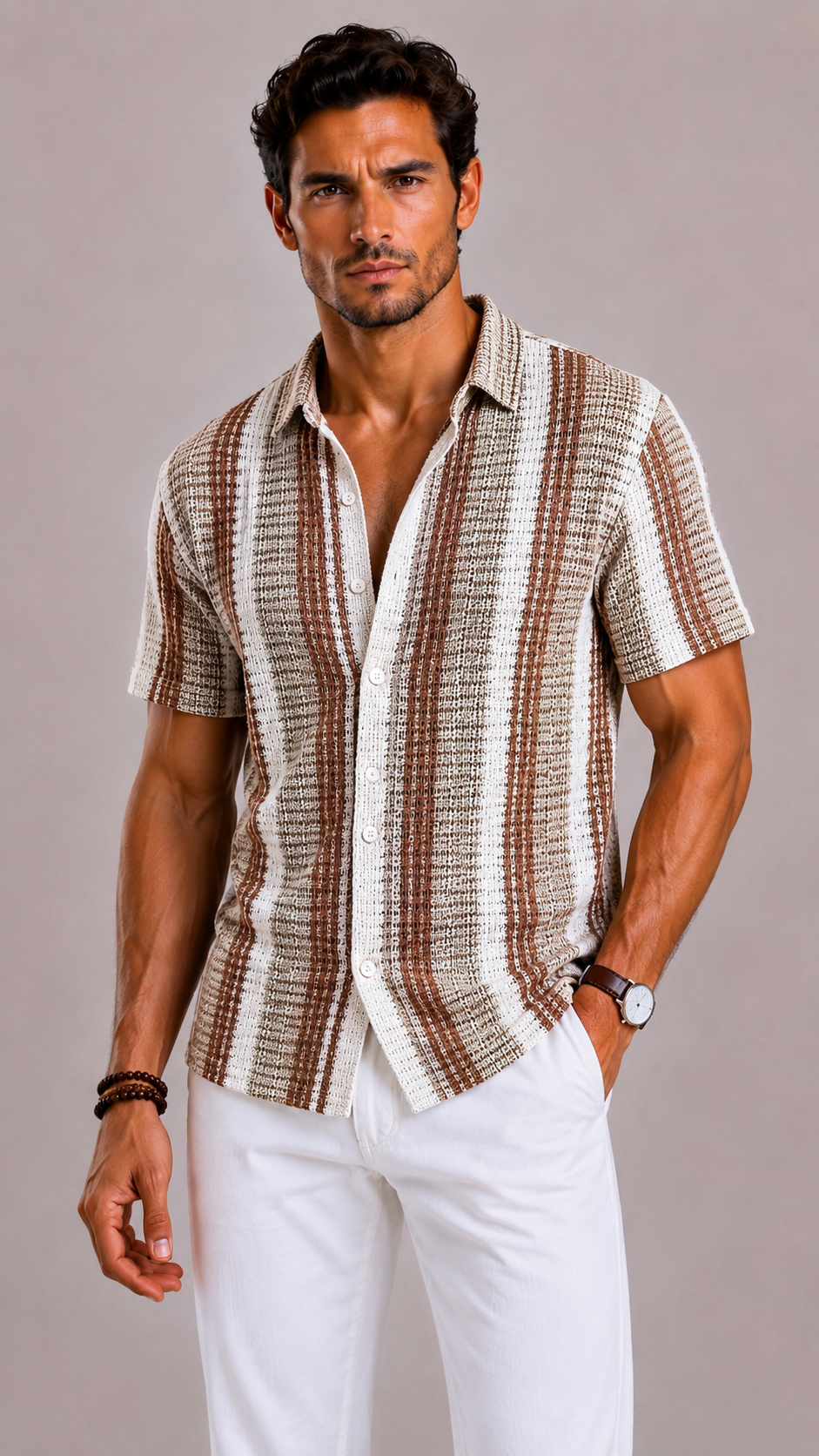 Camicia Uomo a Righe con Collo Ribaltato e Maniche Corte | Bella di Roma
