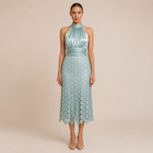 Celia – Vestito midi con top satinato e scollo halter – Menta – Vista frontale | Bella di Roma