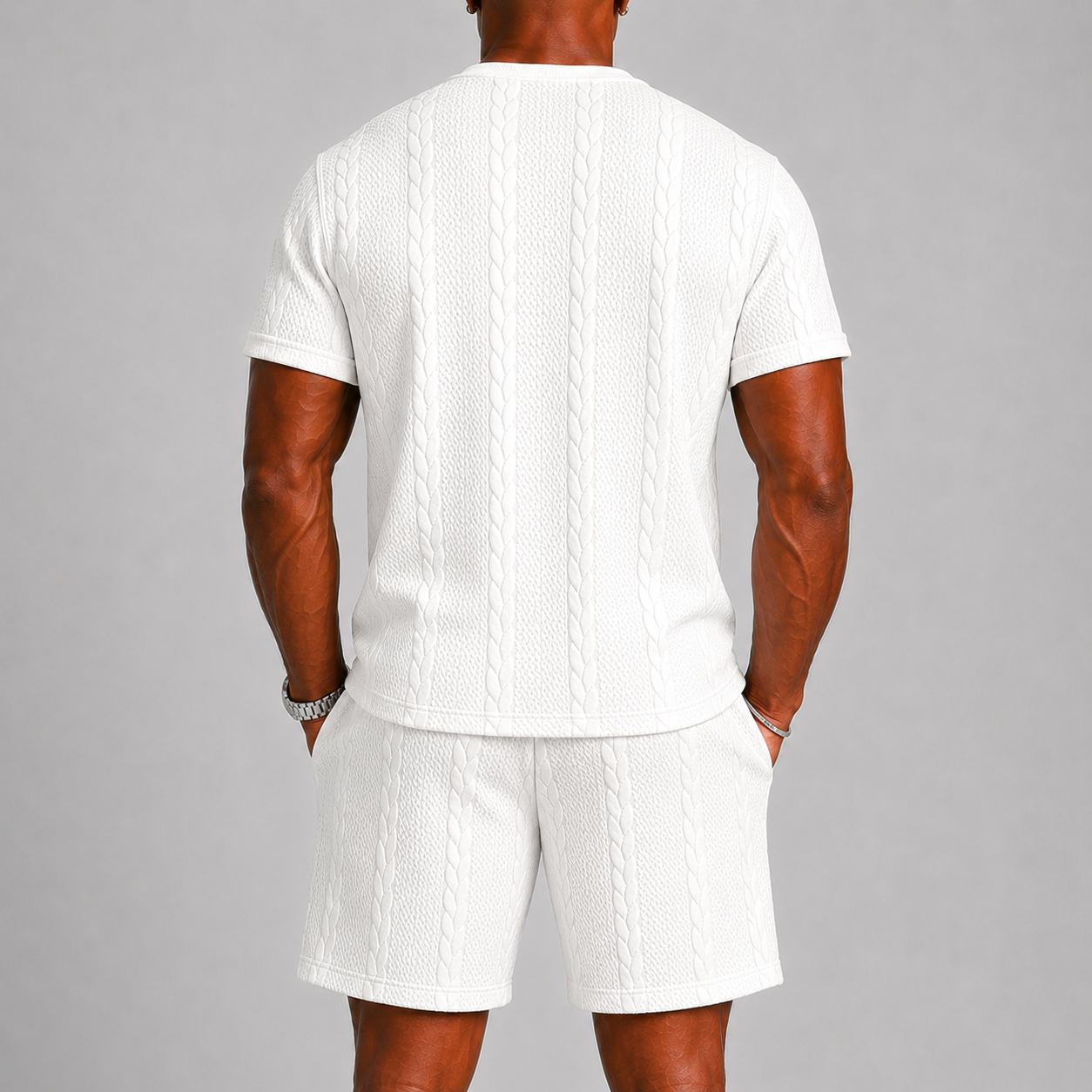 Completo estivo uomo con t-shirt – dettaglio del tessuto | Bella di Roma