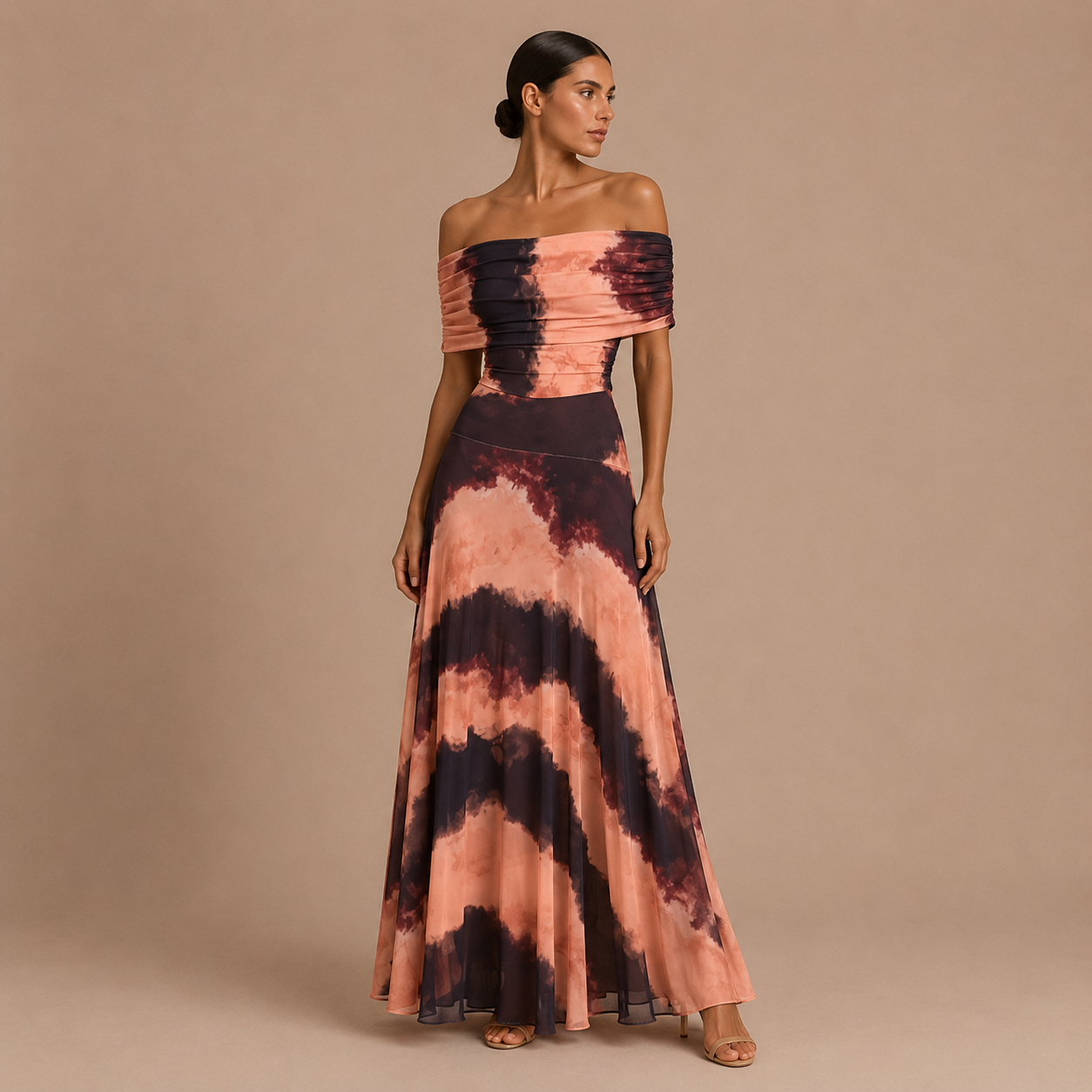 Abito Ingrid spalle scoperte caduta fluida tie-dye rosa nero | Bella di Roma