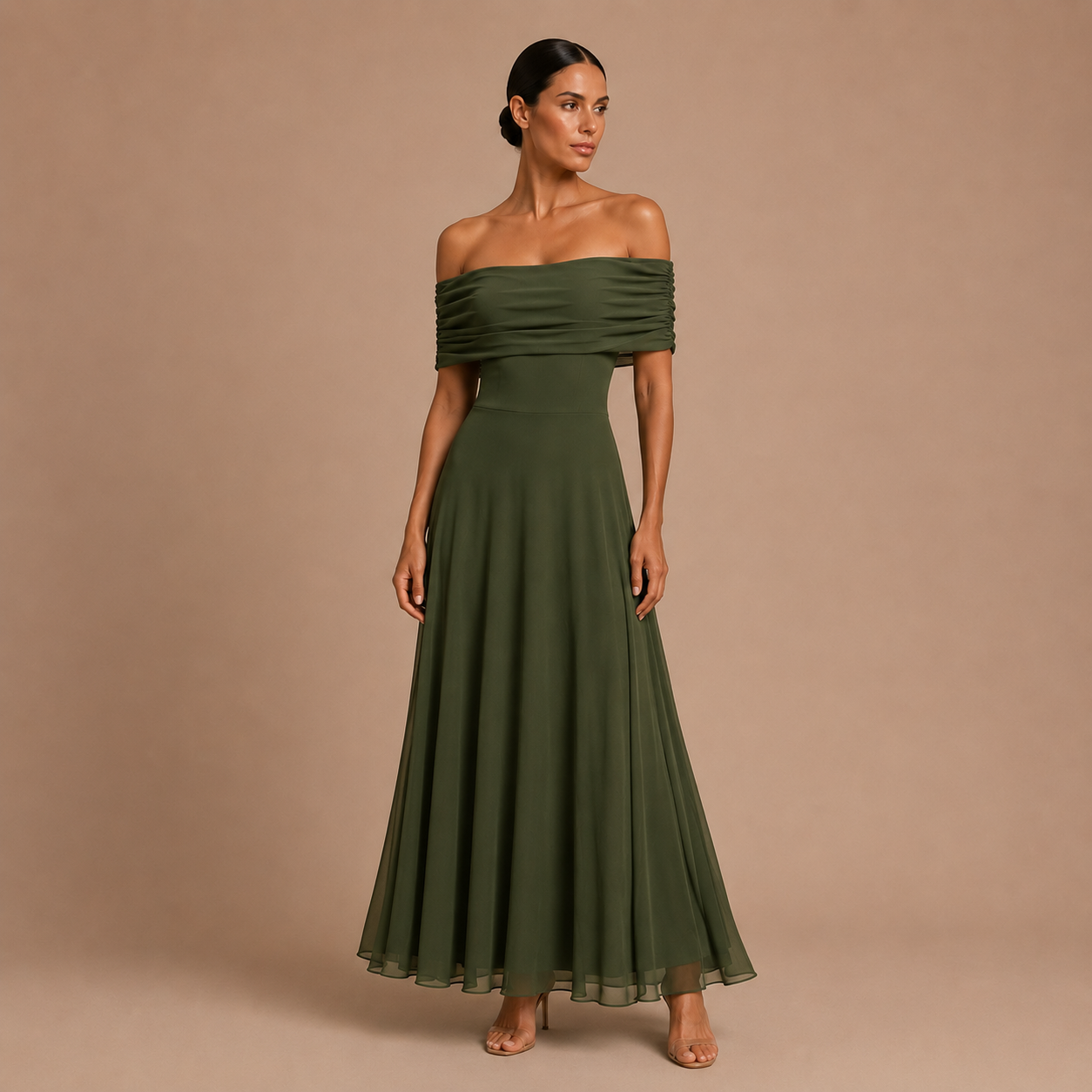 Abito Ingrid spalle scoperte caduta fluida verde oliva | Bella di Roma