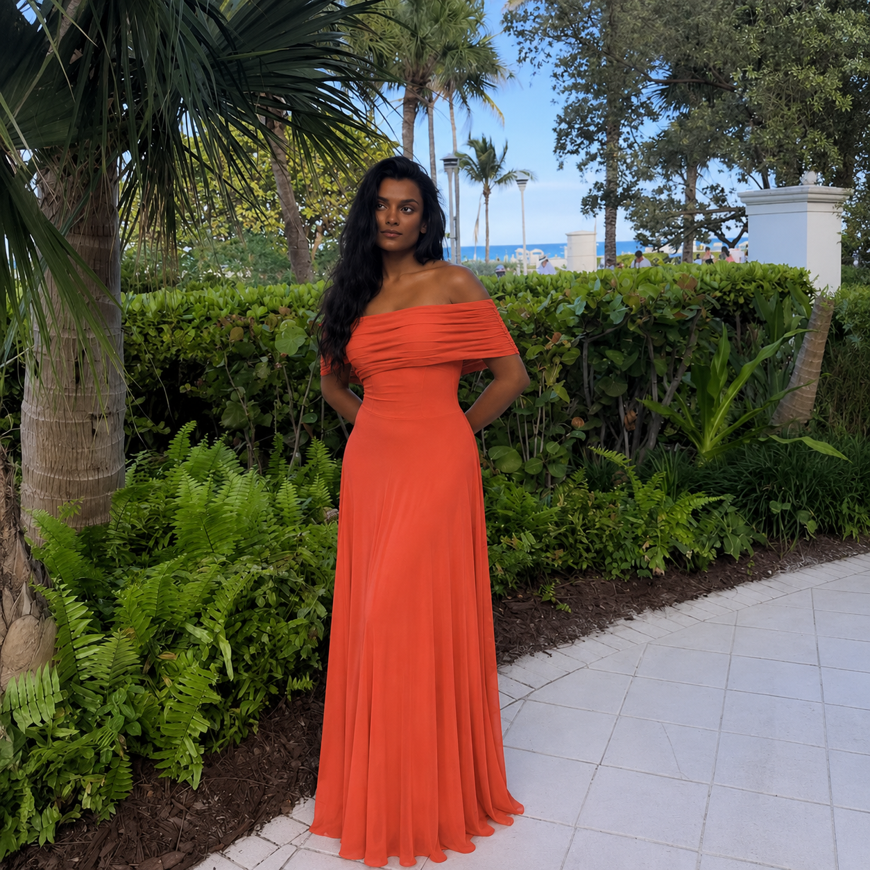 Abito Ingrid spalle scoperte corallo look completo | Bella di Roma