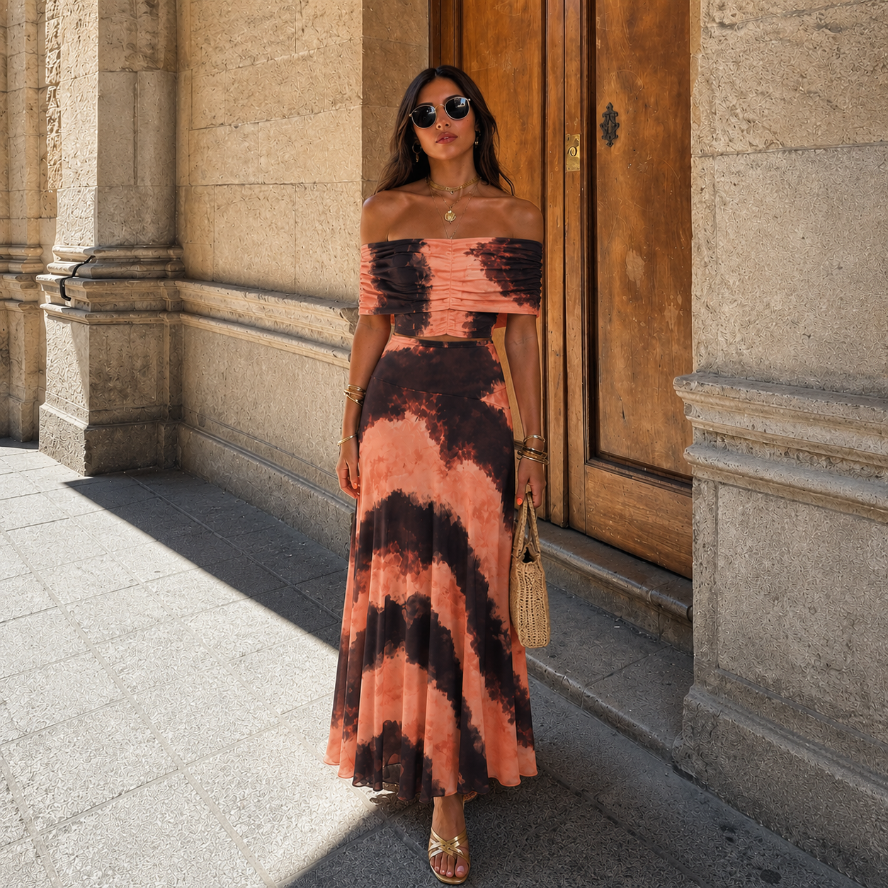 Abito Ingrid spalle scoperte tie-dye look completo | Bella di Roma