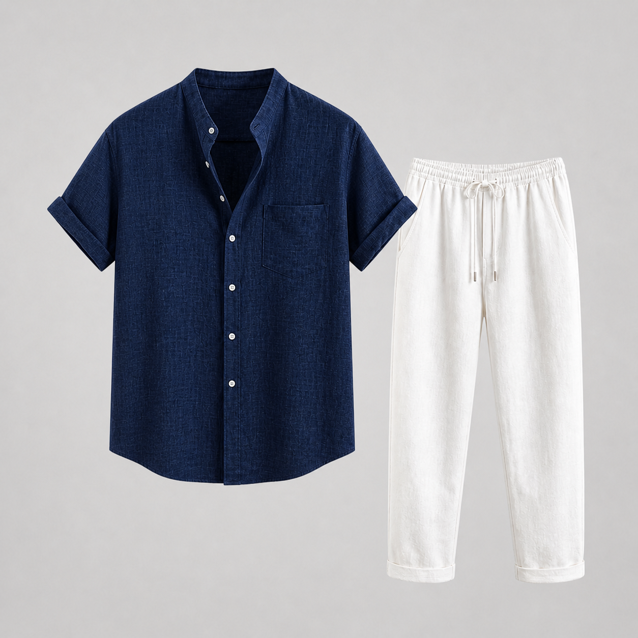 Set uomo in lino con pantaloni lunghi – dettaglio del colletto | Bella di Roma