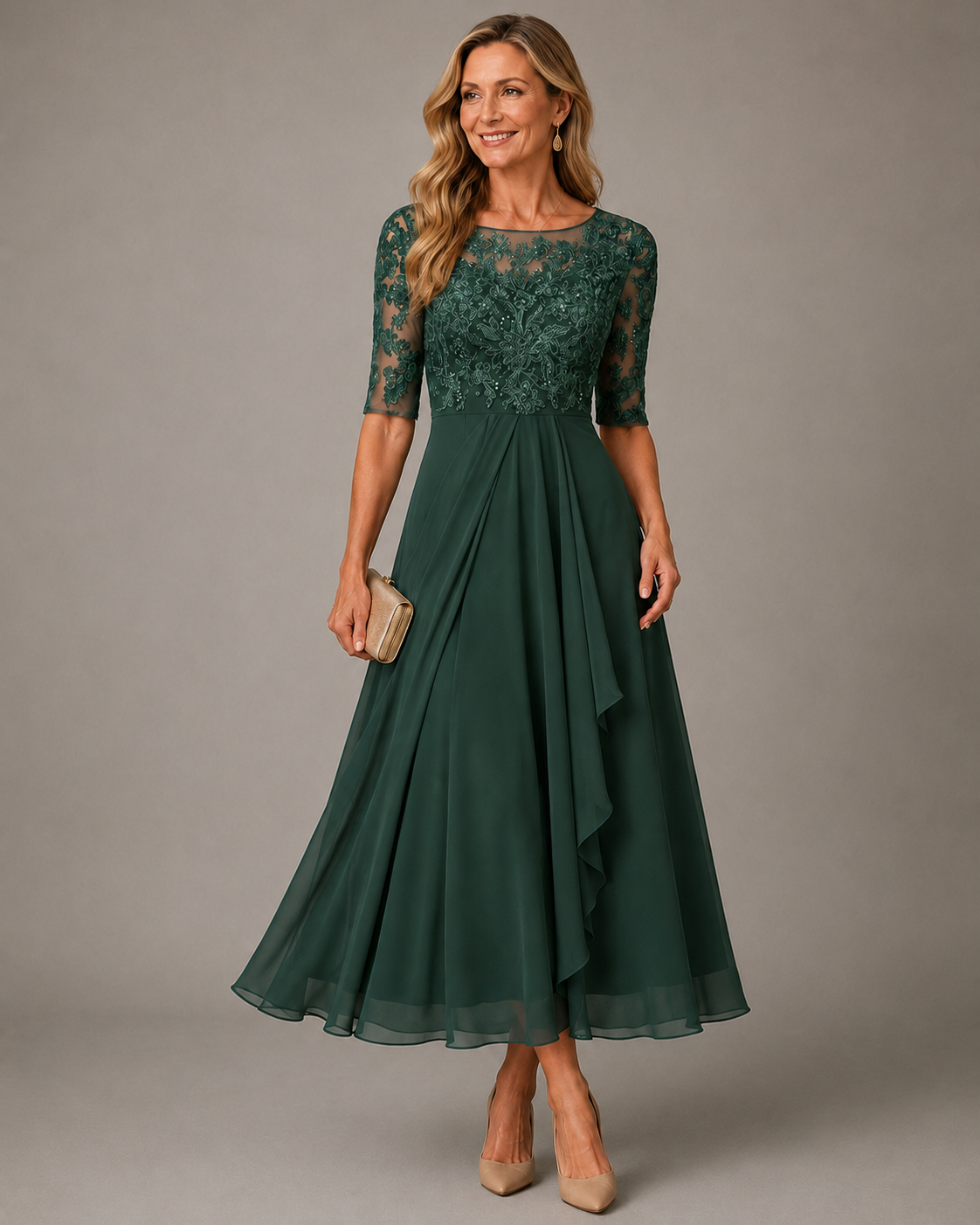 Abito midi verde bosco in pizzo e chiffon con maniche a tre quarti