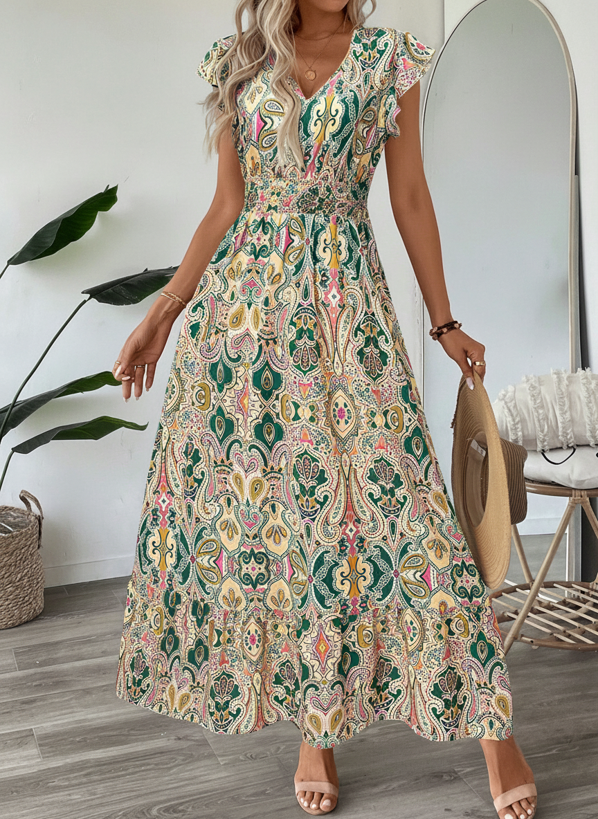 Vestito maxi con stampa paisley verde, scollo a V e maniche ad aletta