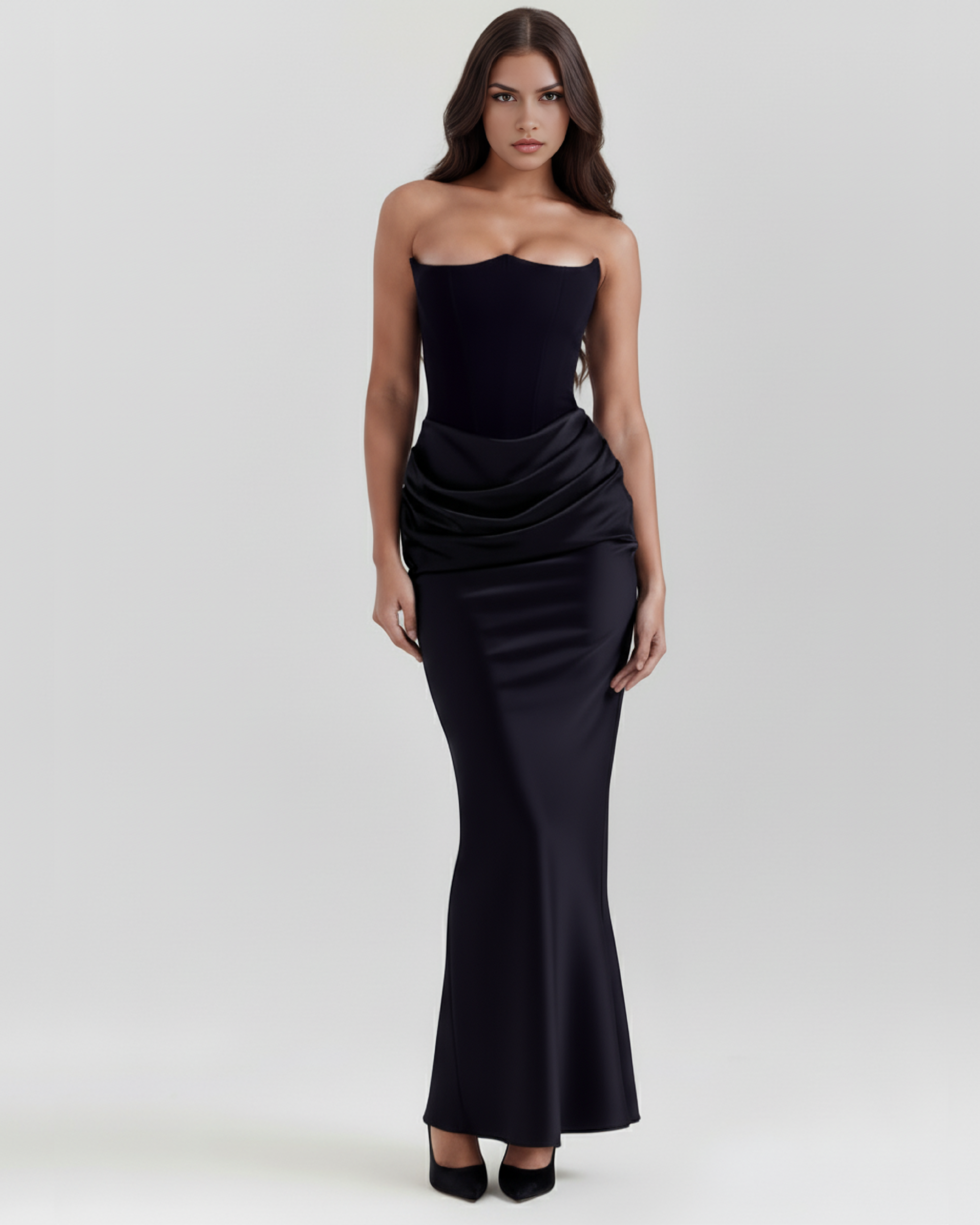 Abito midi Rosalind nero corsetto Bella di Roma – vista frontale