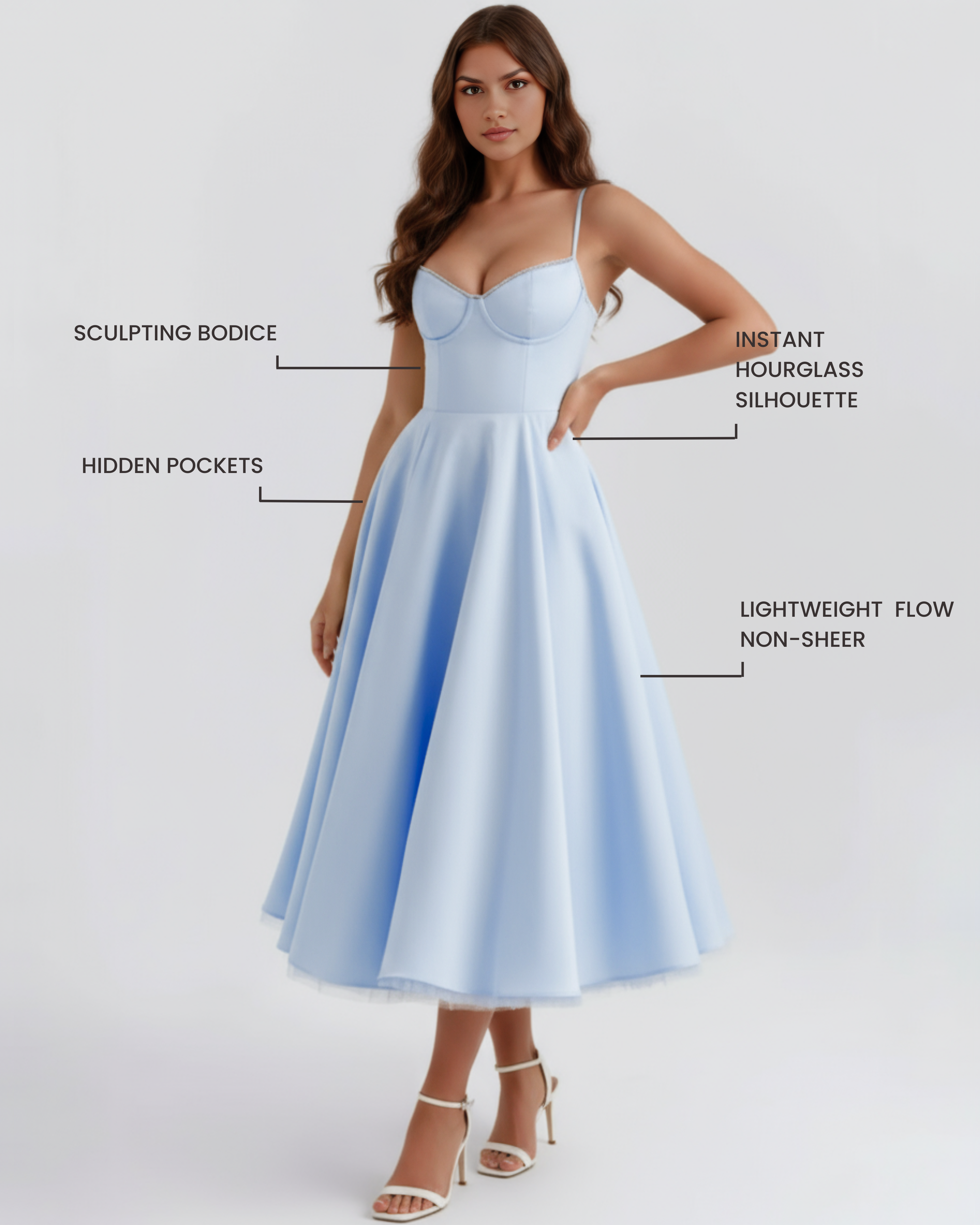 Abito Midi Selene Blu Baby Satin Bella di Roma – dettaglio