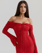 Abito maxi Alessandra rosso pizzo off-shoulder Bella di Roma – maniche campana