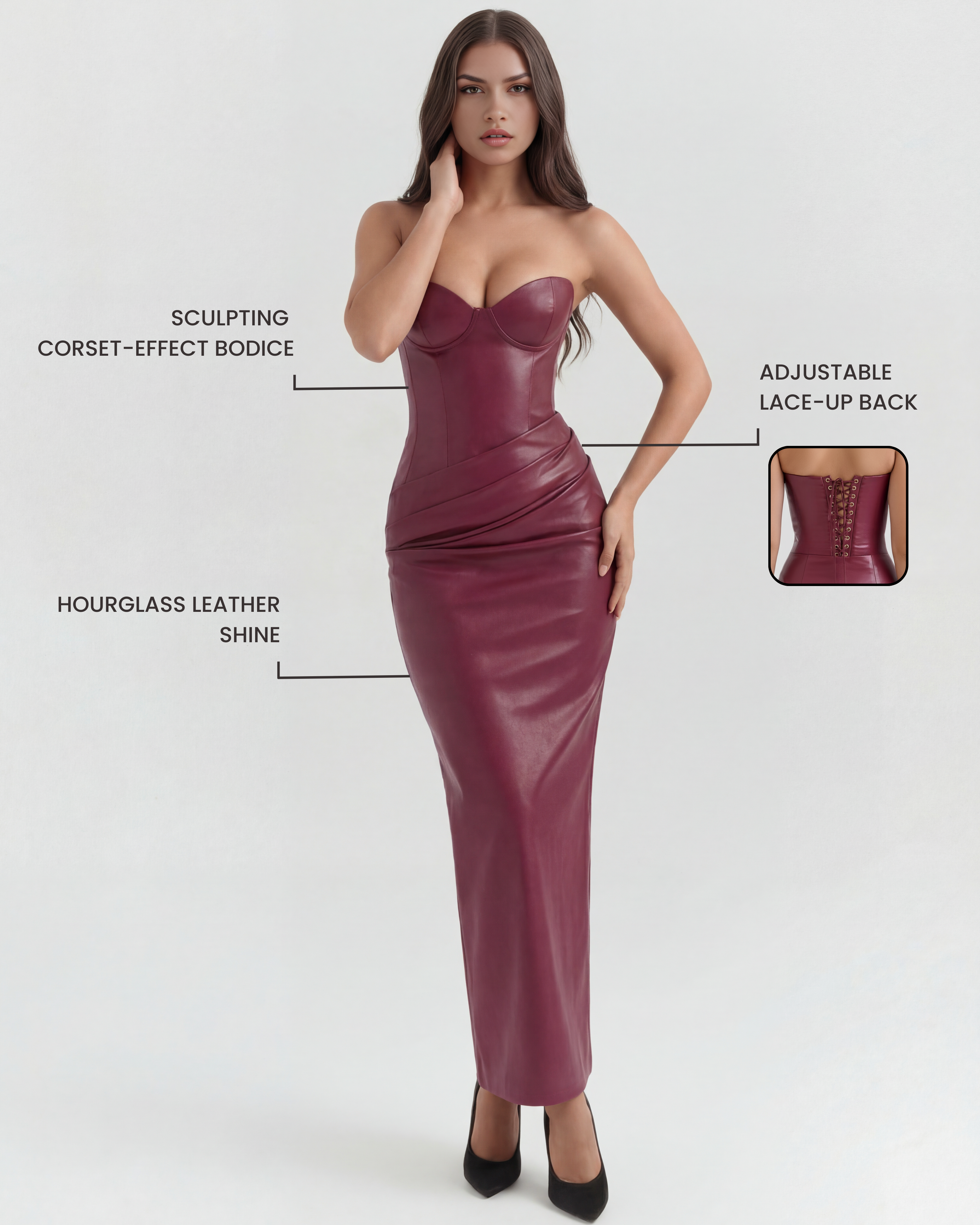 Abito midi Vanessa pelle vegan borgogna Bella di Roma – silhouette aderente