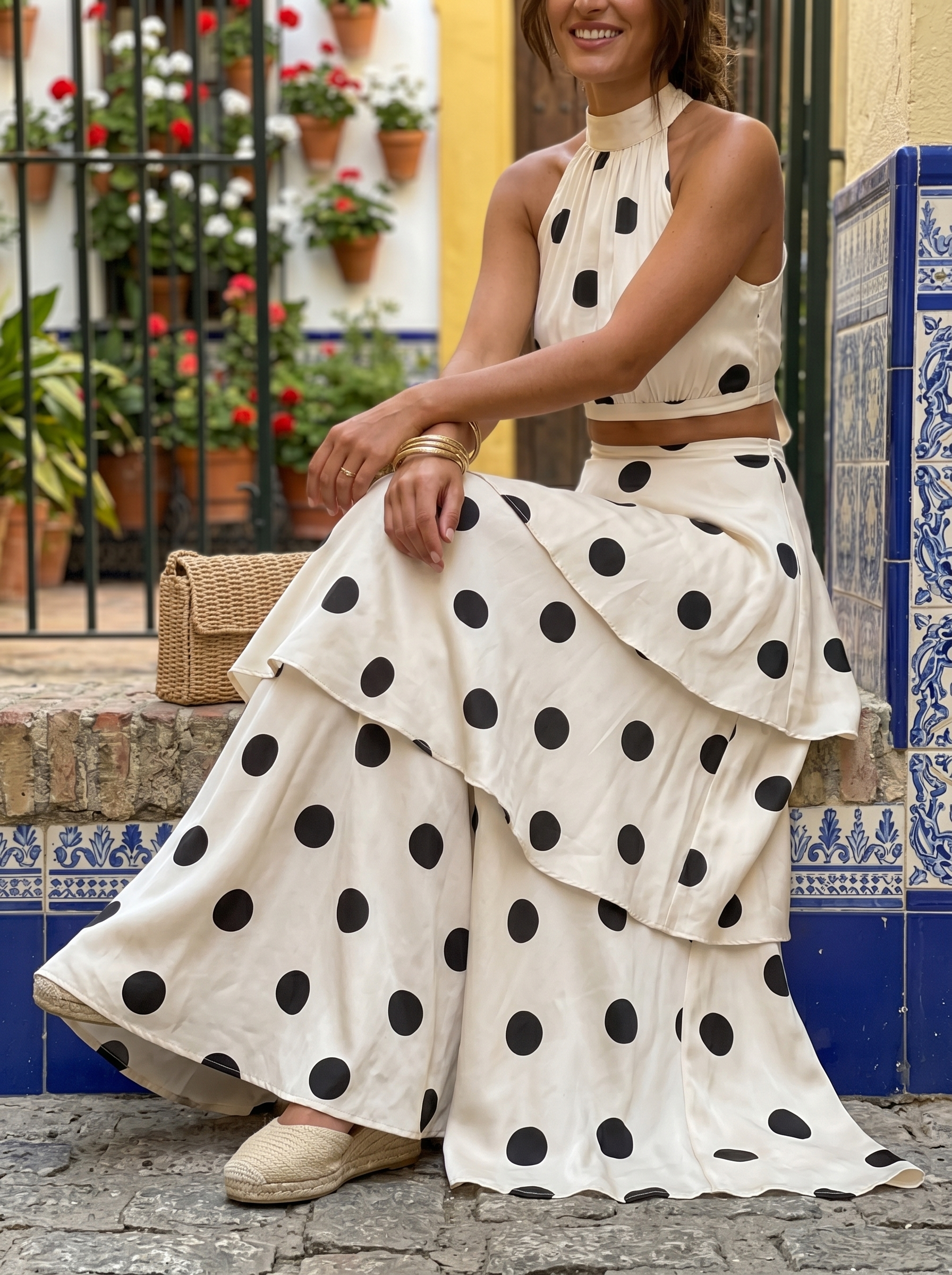 Completo a pois Lucía avorio – look da cerimonia estiva | Bella di Roma