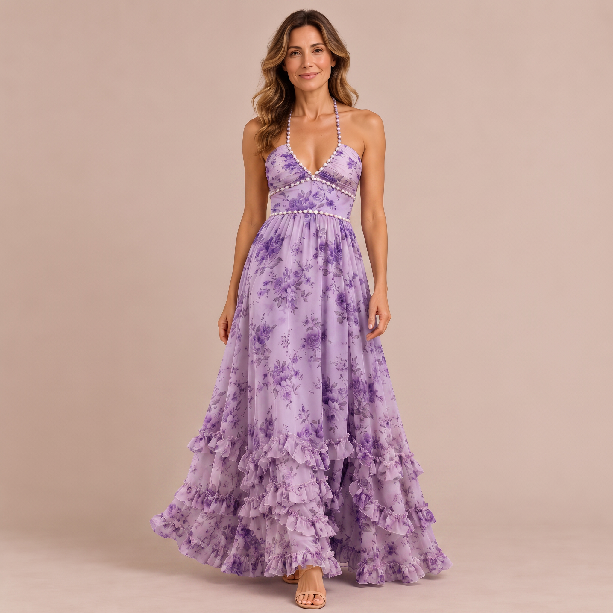 Elena – Vestito Maxi Floreale con Spallina e Perle – Lilla Floreale | Bella di Roma