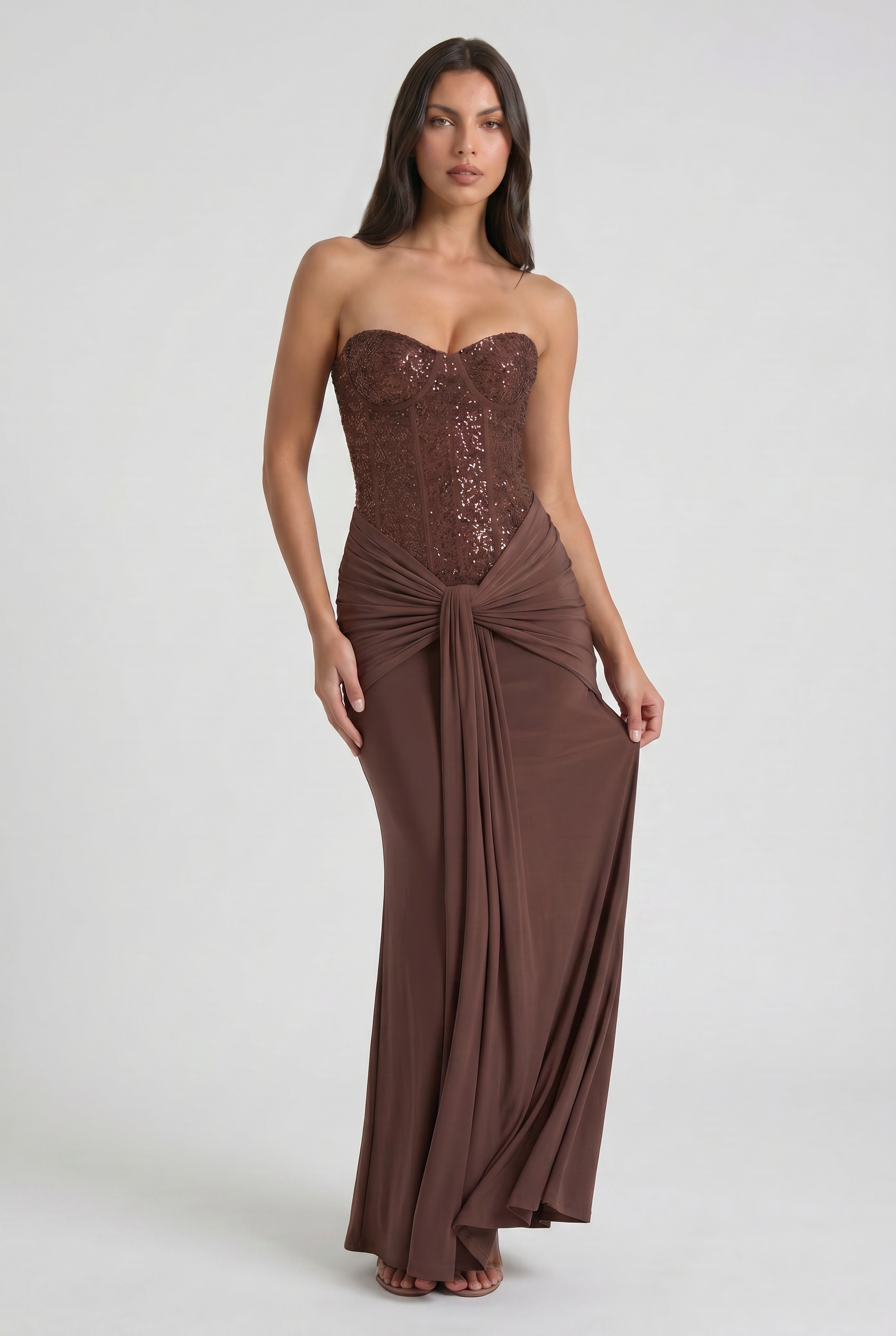 Abito maxi Gelsomino cioccolato Bella di Roma – design romantico femminile