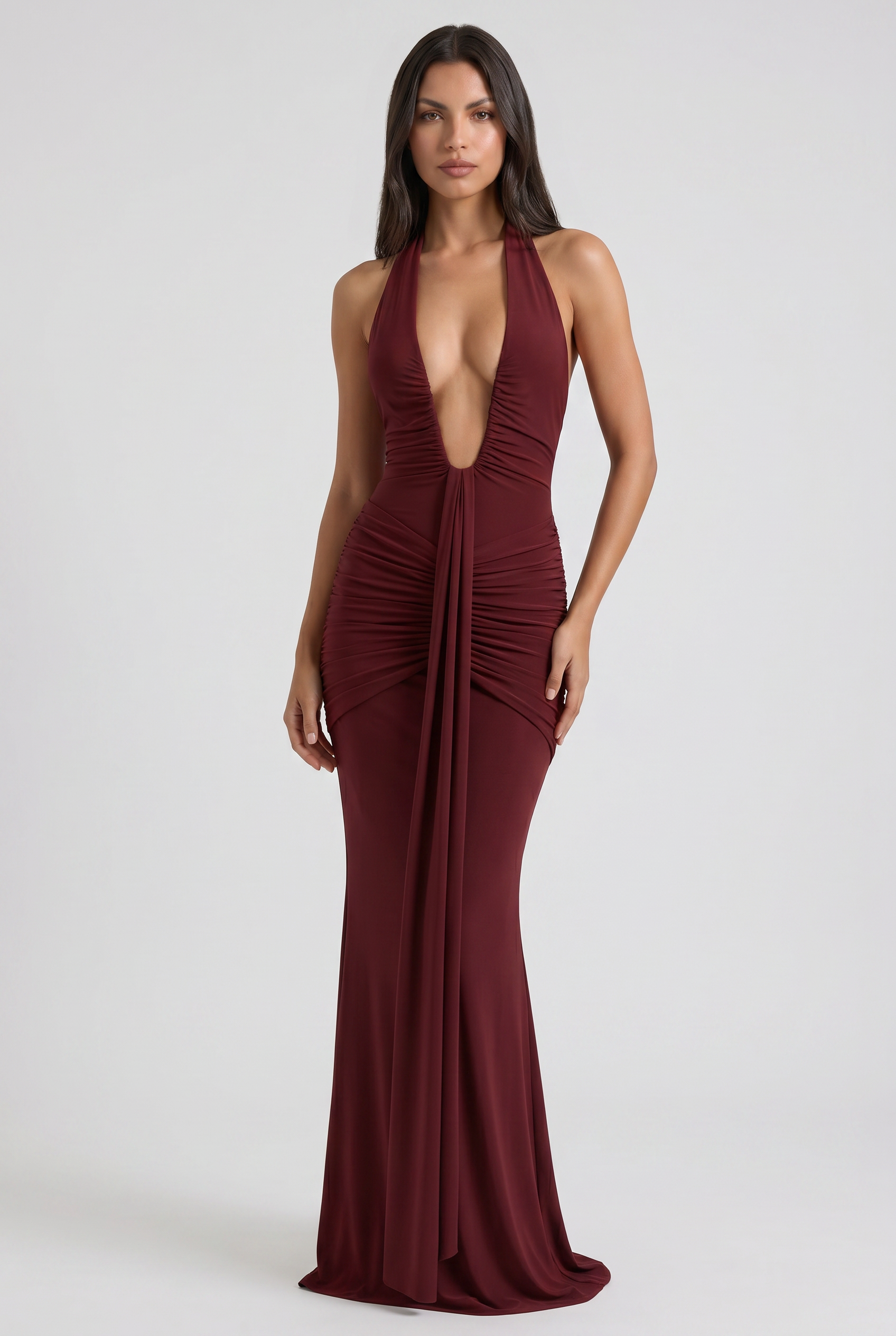 Abito maxi Ariel bordeaux strascico Bella di Roma – vista frontale