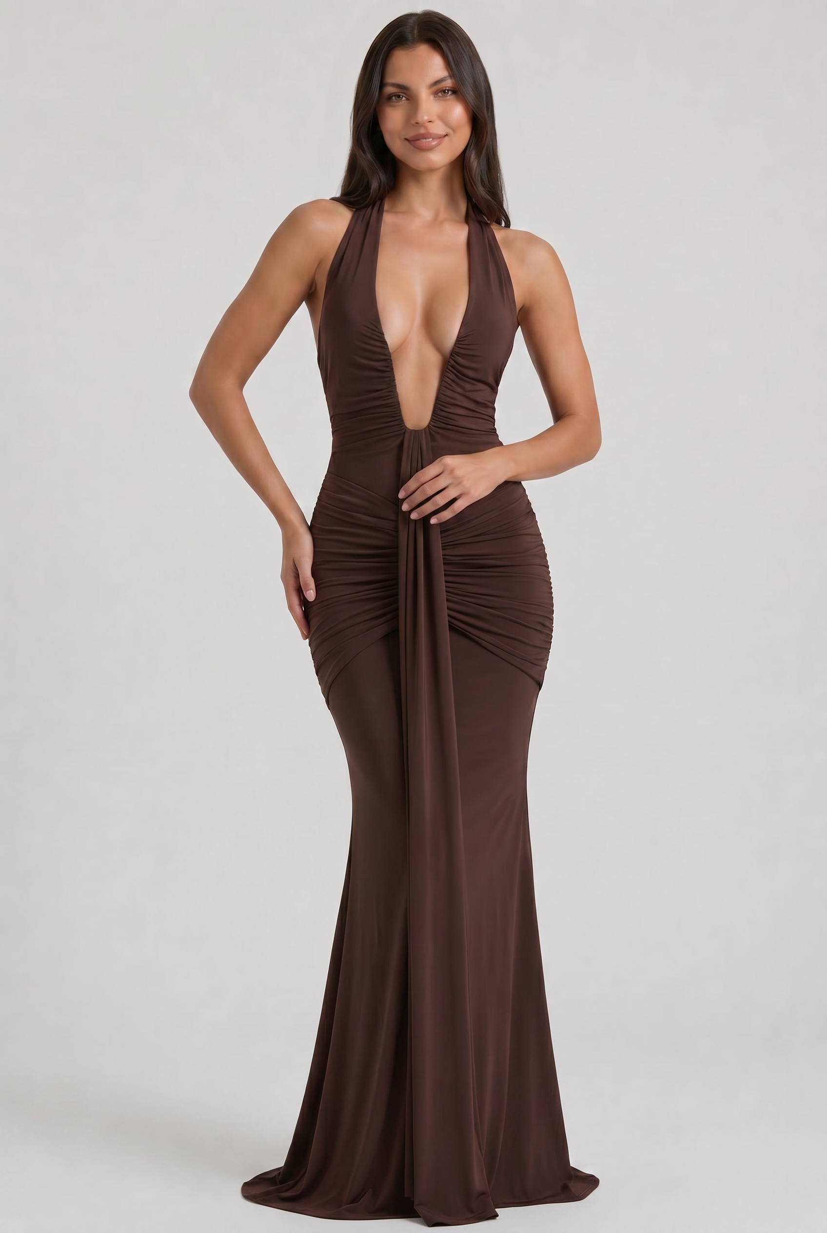 Abito maxi Ariel marrone strascico Bella di Roma – taglie XS-XL