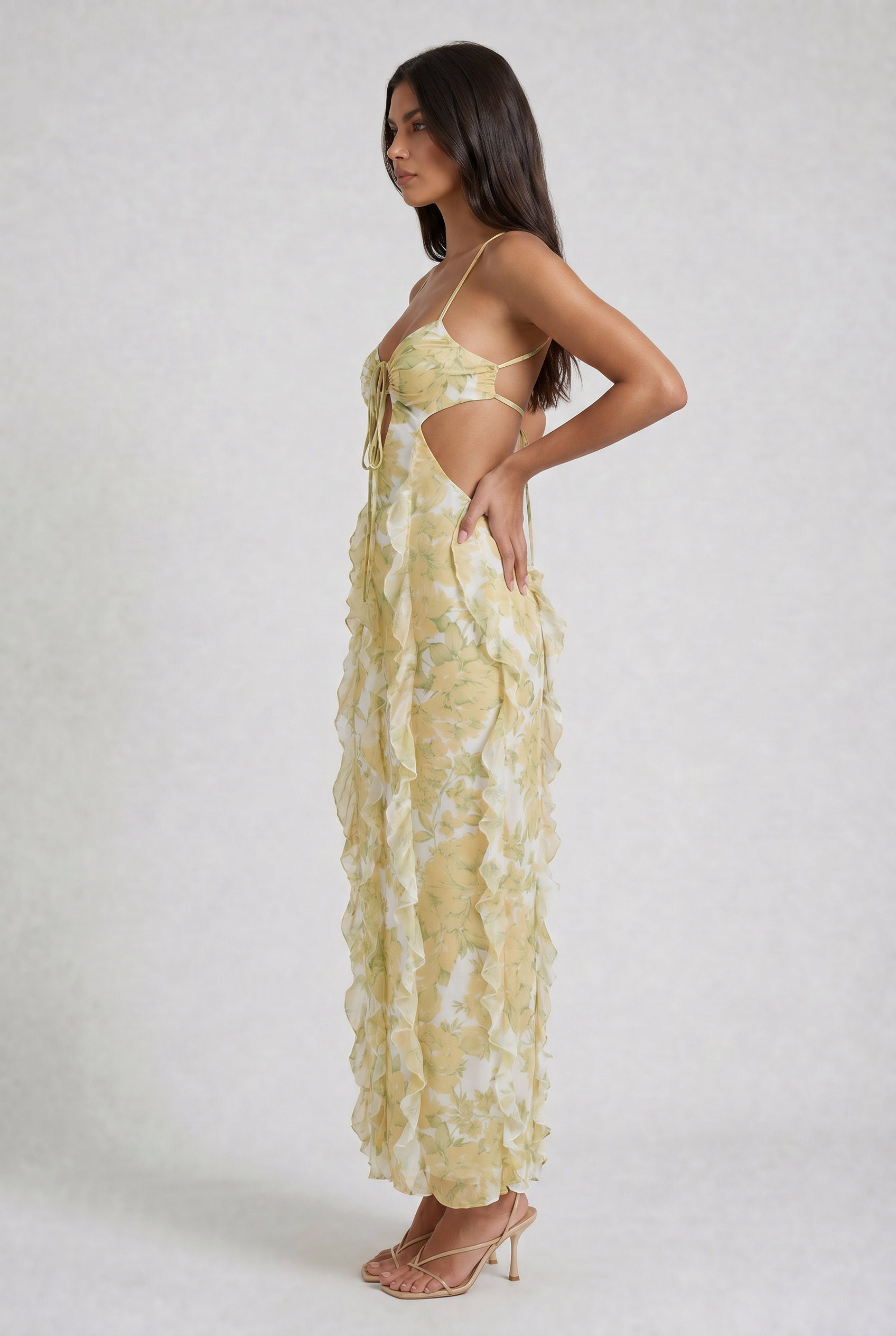 Abito maxi Dalia chiffon narciso Bella di Roma – vista laterale spalline