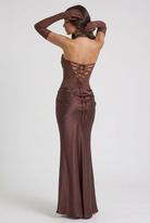Abito maxi Vittoria marrone Bella di Roma – look matrimonio autunnale gala