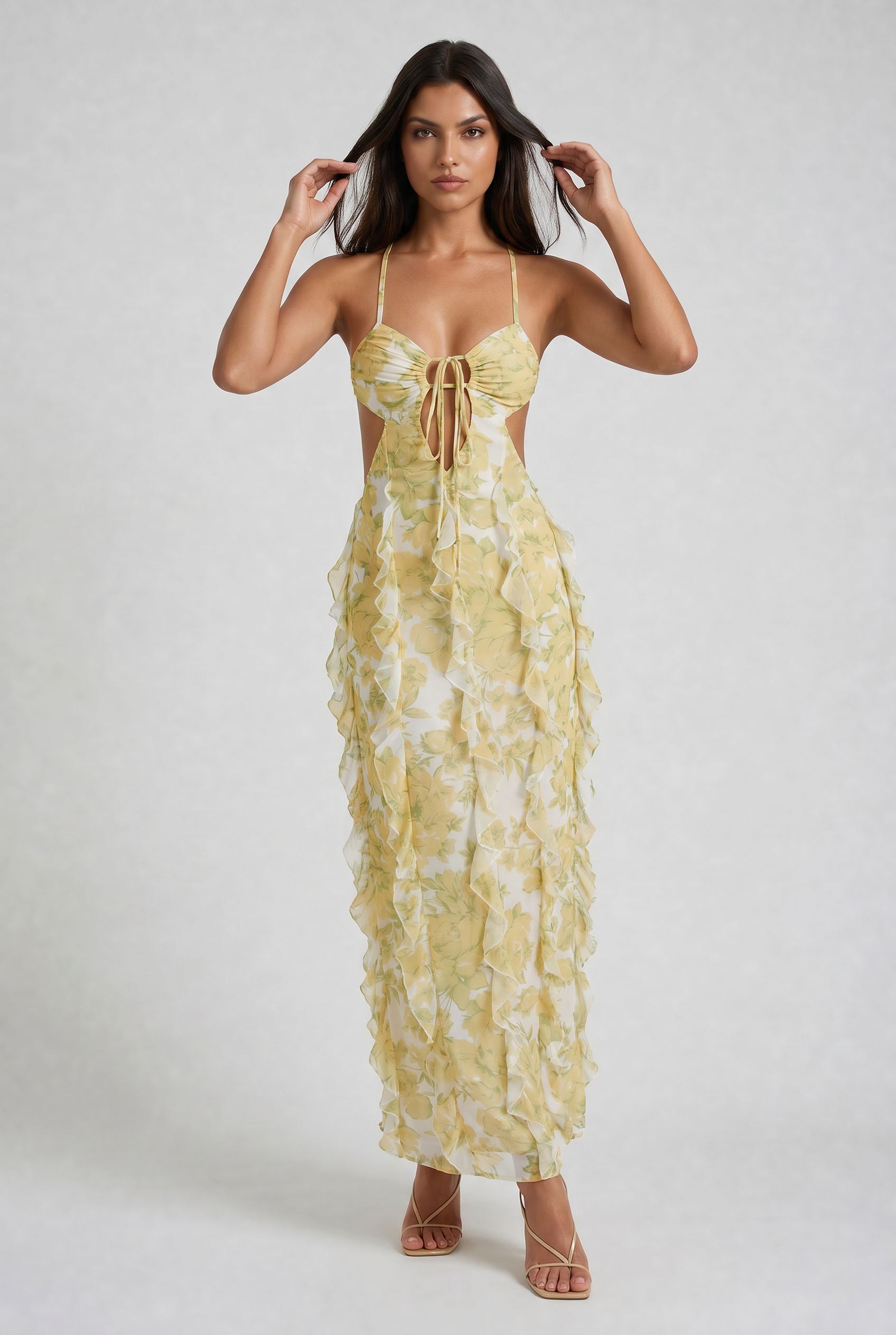 Abito maxi Dalia chiffon narciso Bella di Roma – gonna a volant frontale