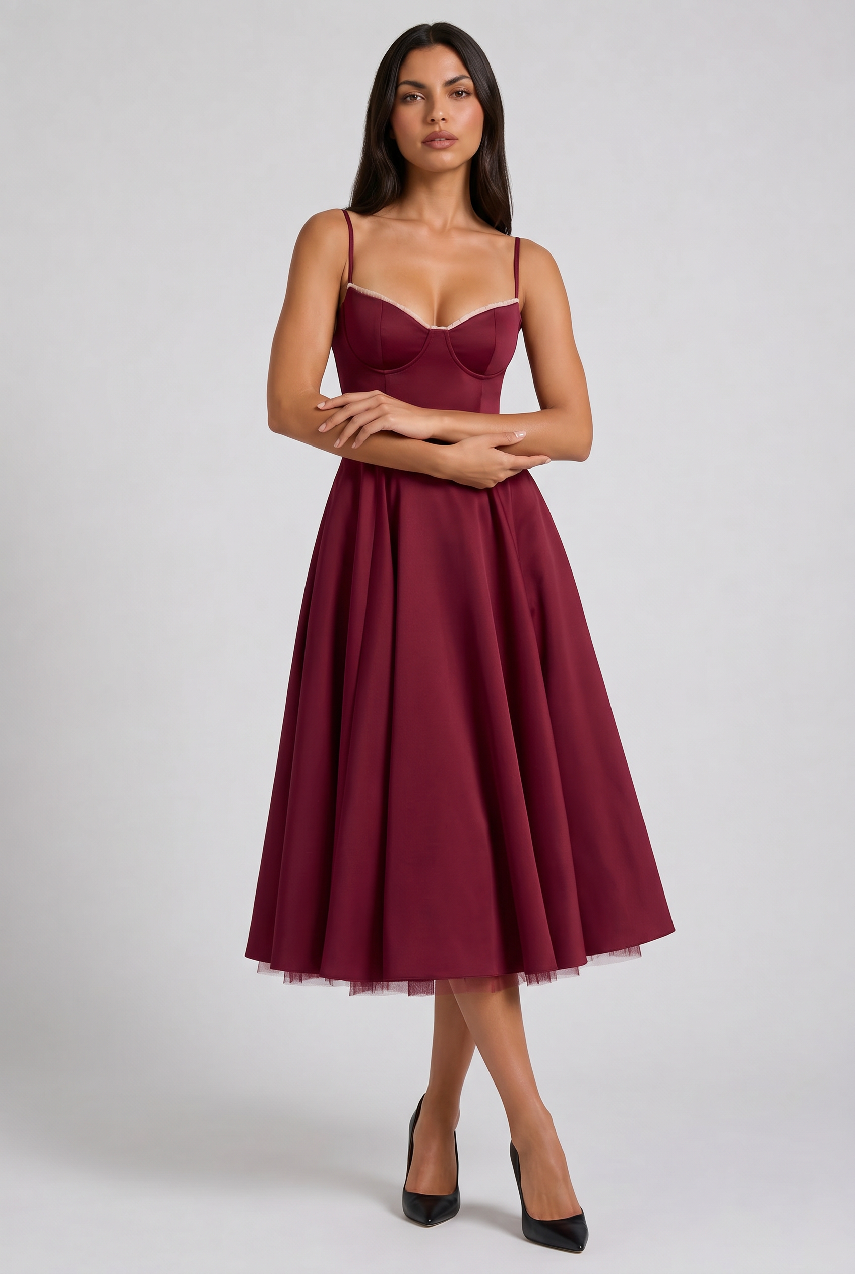 Abito Midi Selene Borgogna Satin Bella di Roma – vista frontale